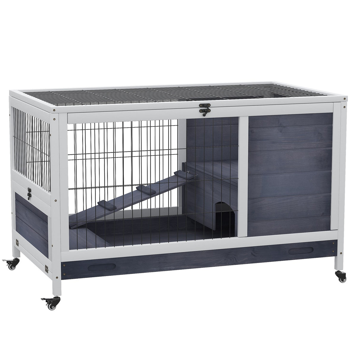 Small animal stable mobile with wheels for guinea pig cage made of fir wood in dark gray and white 90x53x59cm