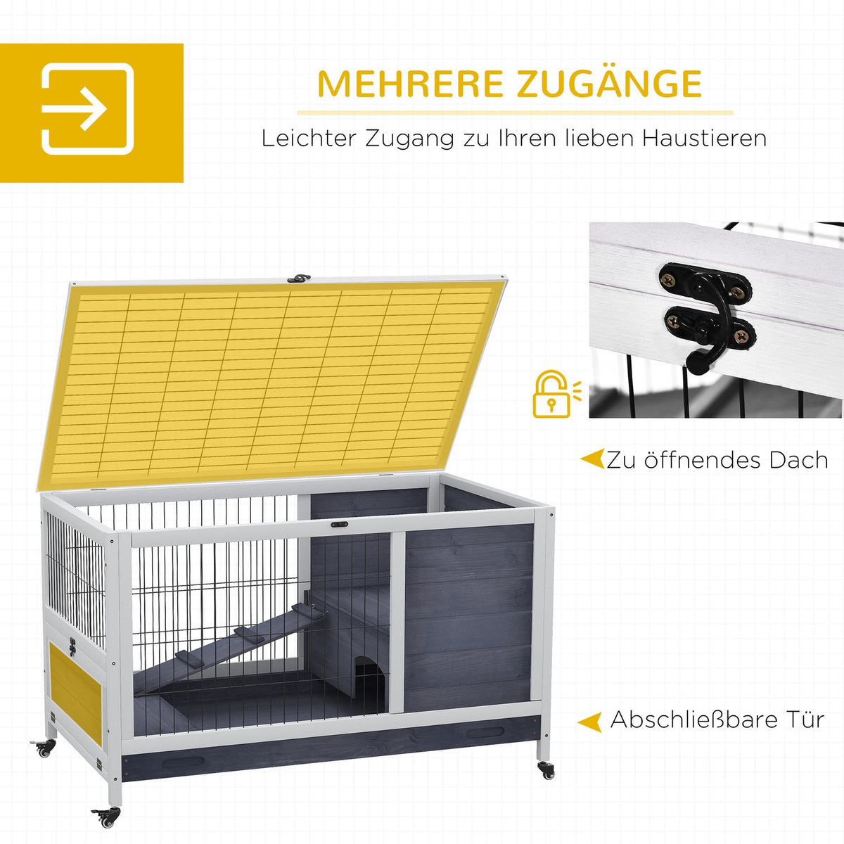 Small animal stable mobile with wheels for guinea pig cage made of fir wood in dark gray and white 90x53x59cm