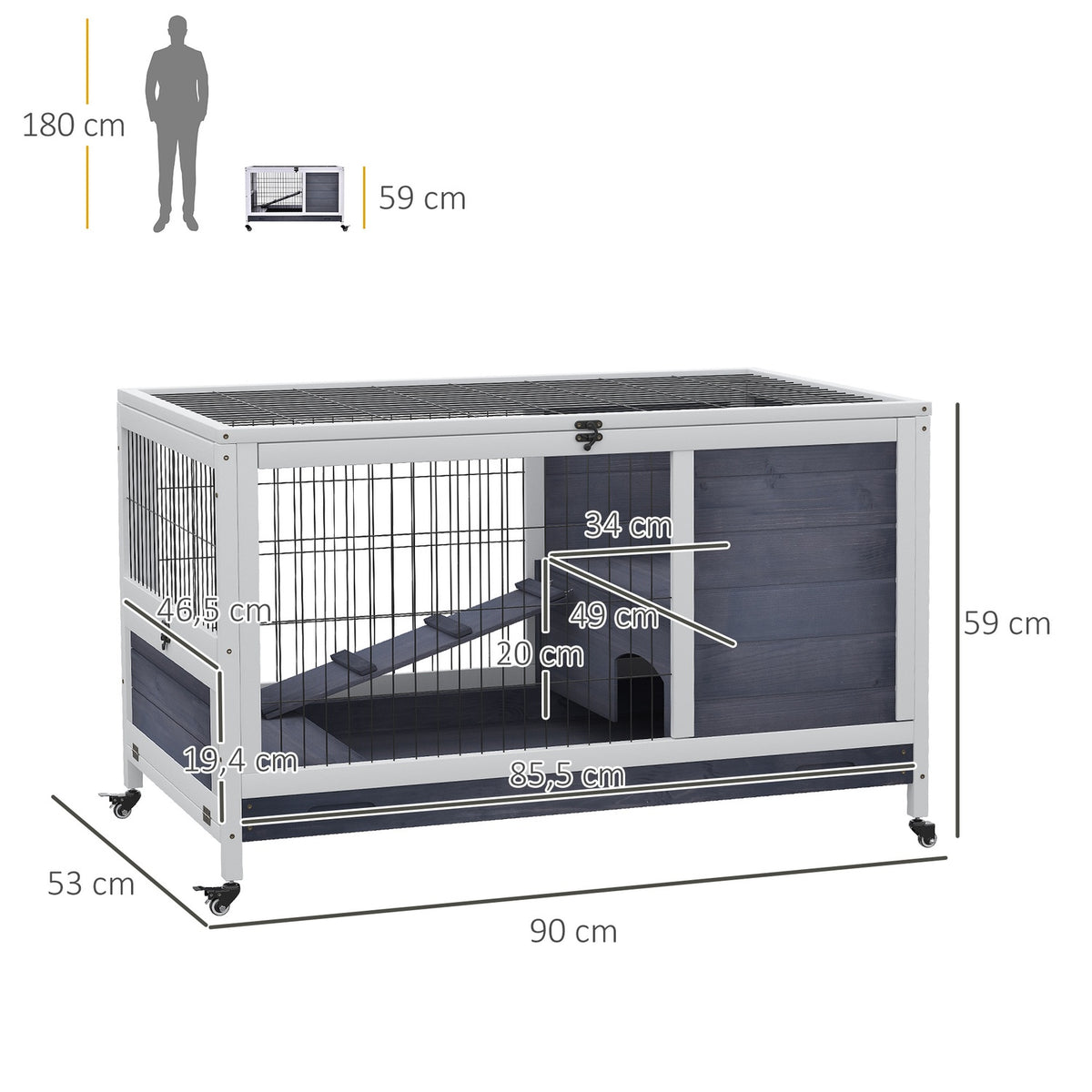 Small animal stable mobile with wheels for guinea pig cage made of fir wood in dark gray and white 90x53x59cm
