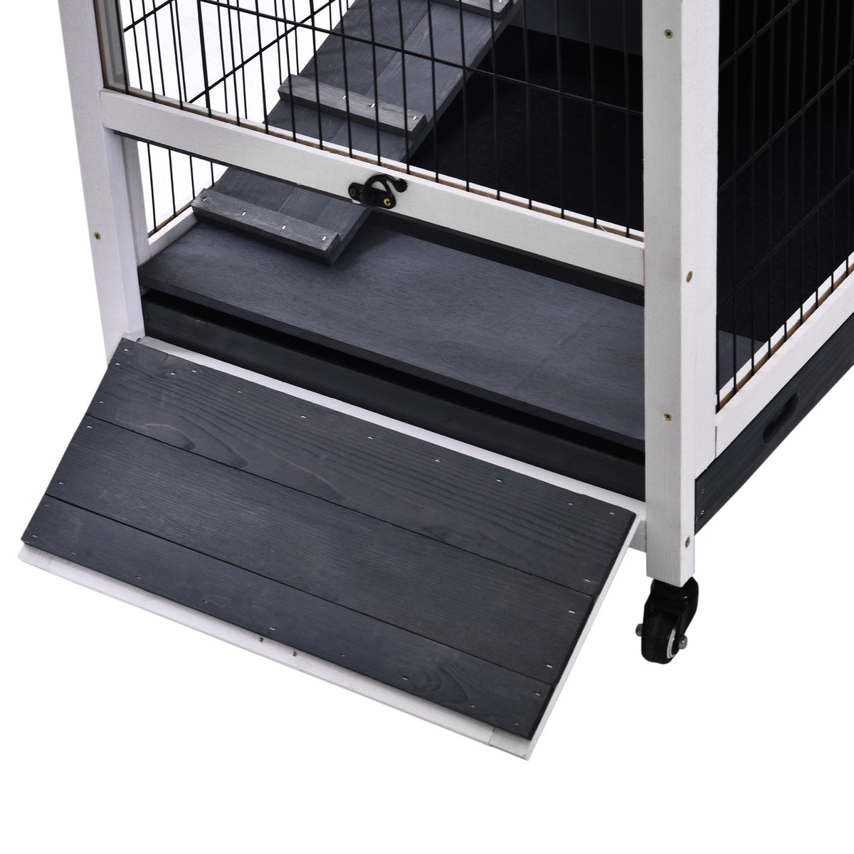 Small animal stable mobile with wheels for guinea pig cage made of fir wood in dark gray and white 90x53x59cm