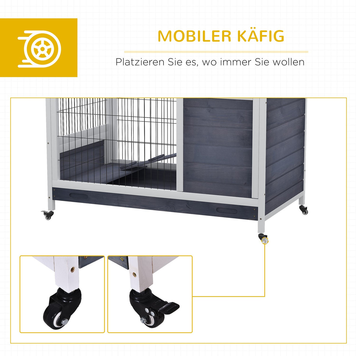 Small animal stable mobile with wheels for guinea pig cage made of fir wood in dark gray and white 90x53x59cm