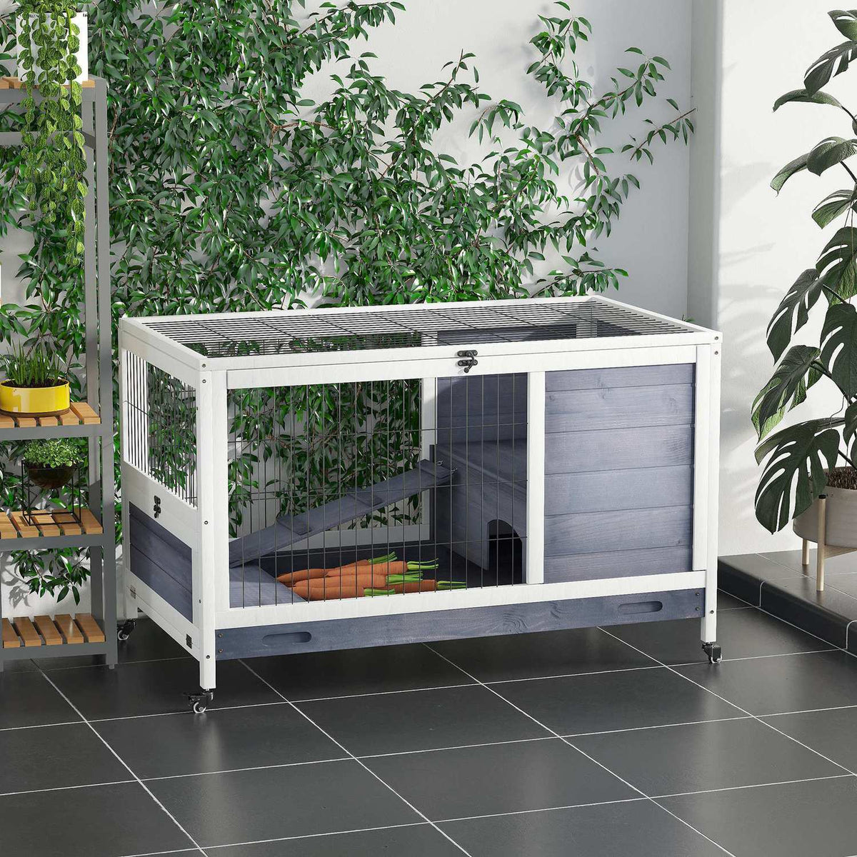 Small animal stable mobile with wheels for guinea pig cage made of fir wood in dark gray and white 90x53x59cm