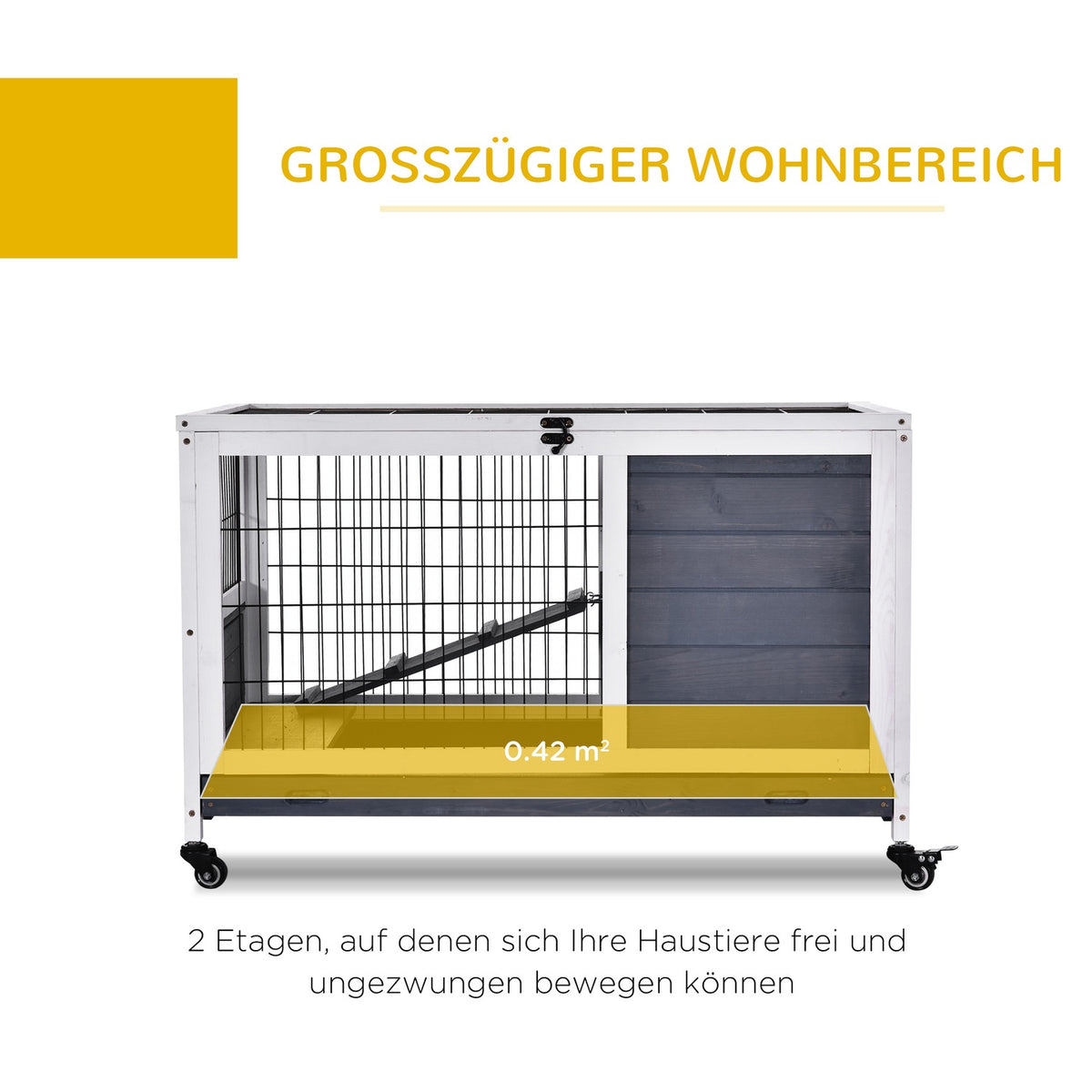 Small animal stable mobile with wheels for guinea pig cage made of fir wood in dark gray and white 90x53x59cm
