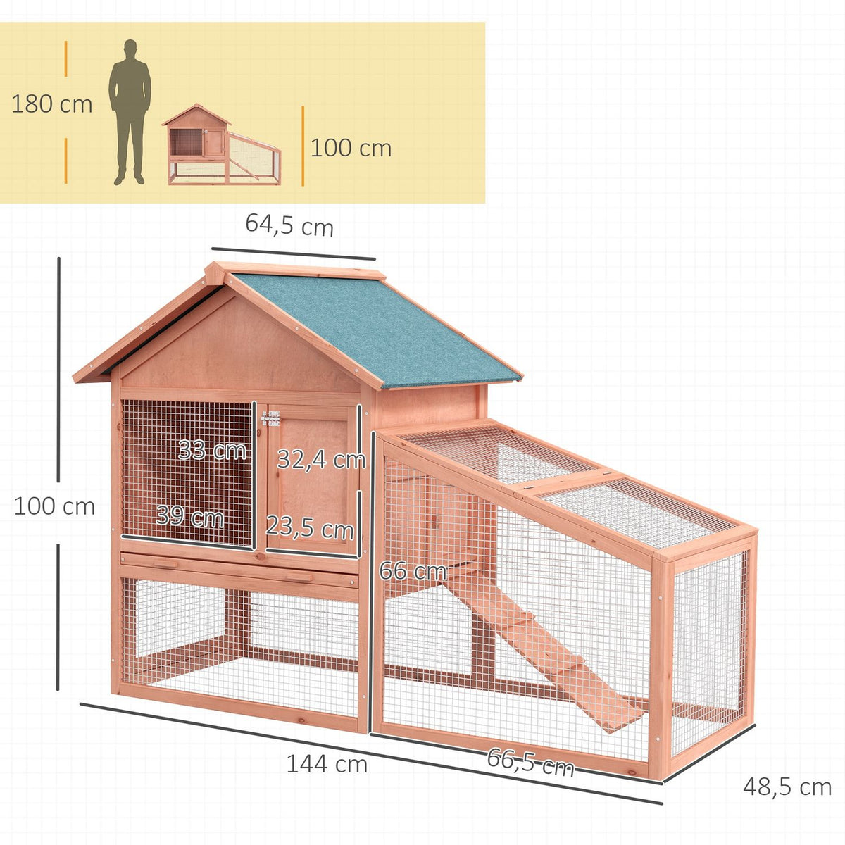 Small animal stable small animal cage 144 x 64.5 x 100 cm with asphalt roof outdoor enclosure double-decker fir wood natural |