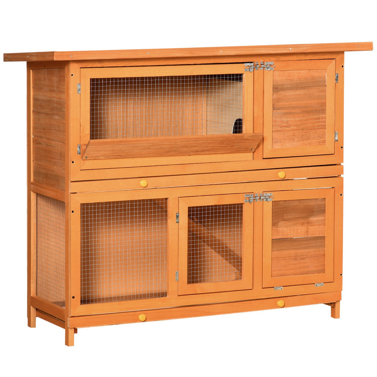 Small animal stable, small animal cage, small animal house with roof, guinea pig hutch, double deck, fir wood, yellow, 120 x 48 x 100 cm