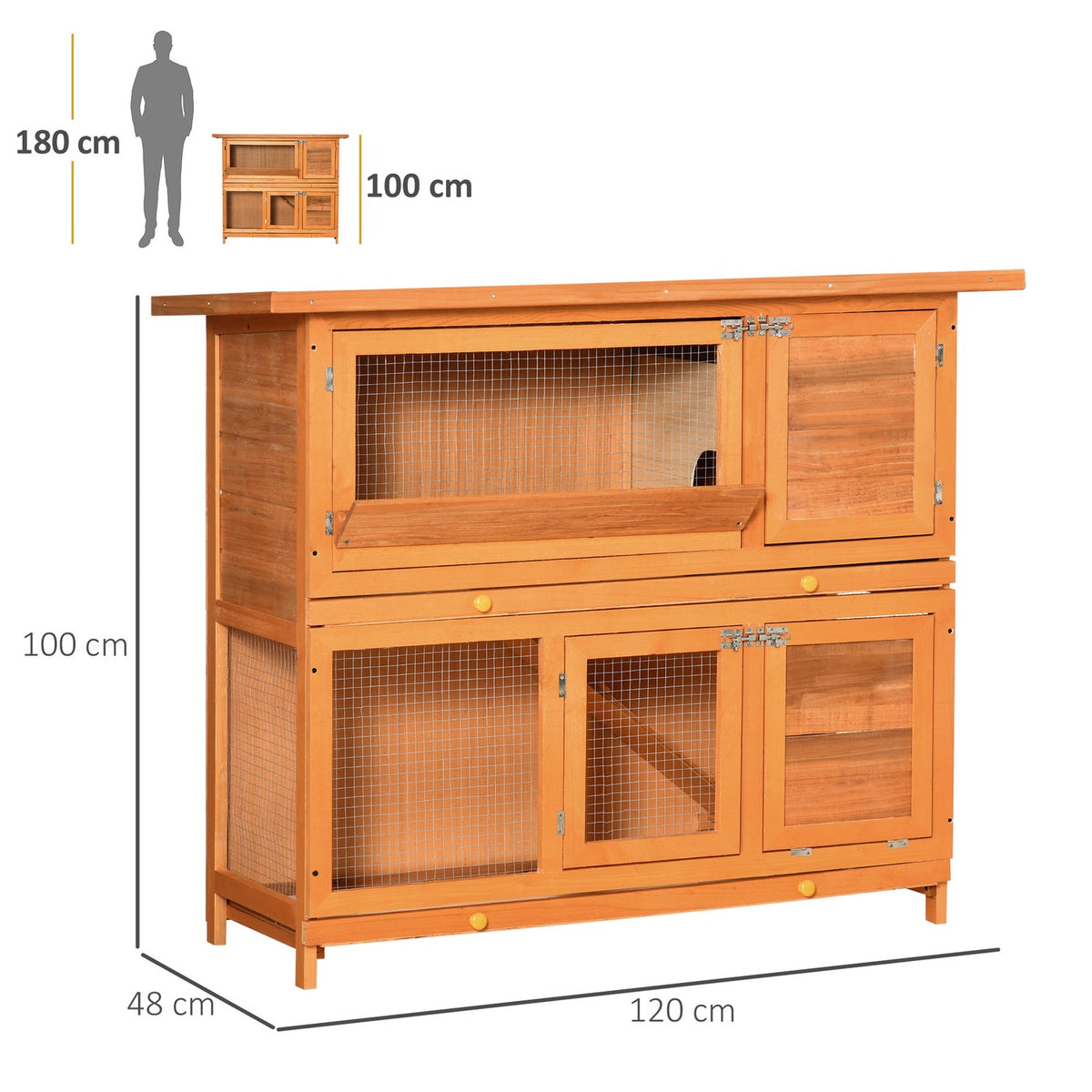 Small animal stable, small animal cage, small animal house with roof, guinea pig hutch, double deck, fir wood, yellow, 120 x 48 x 100 cm