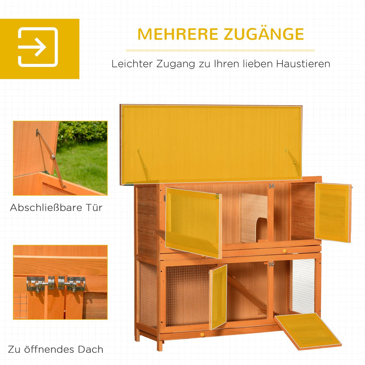 Small animal stable, small animal cage, small animal house with roof, guinea pig hutch, double deck, fir wood, yellow, 120 x 48 x 100 cm