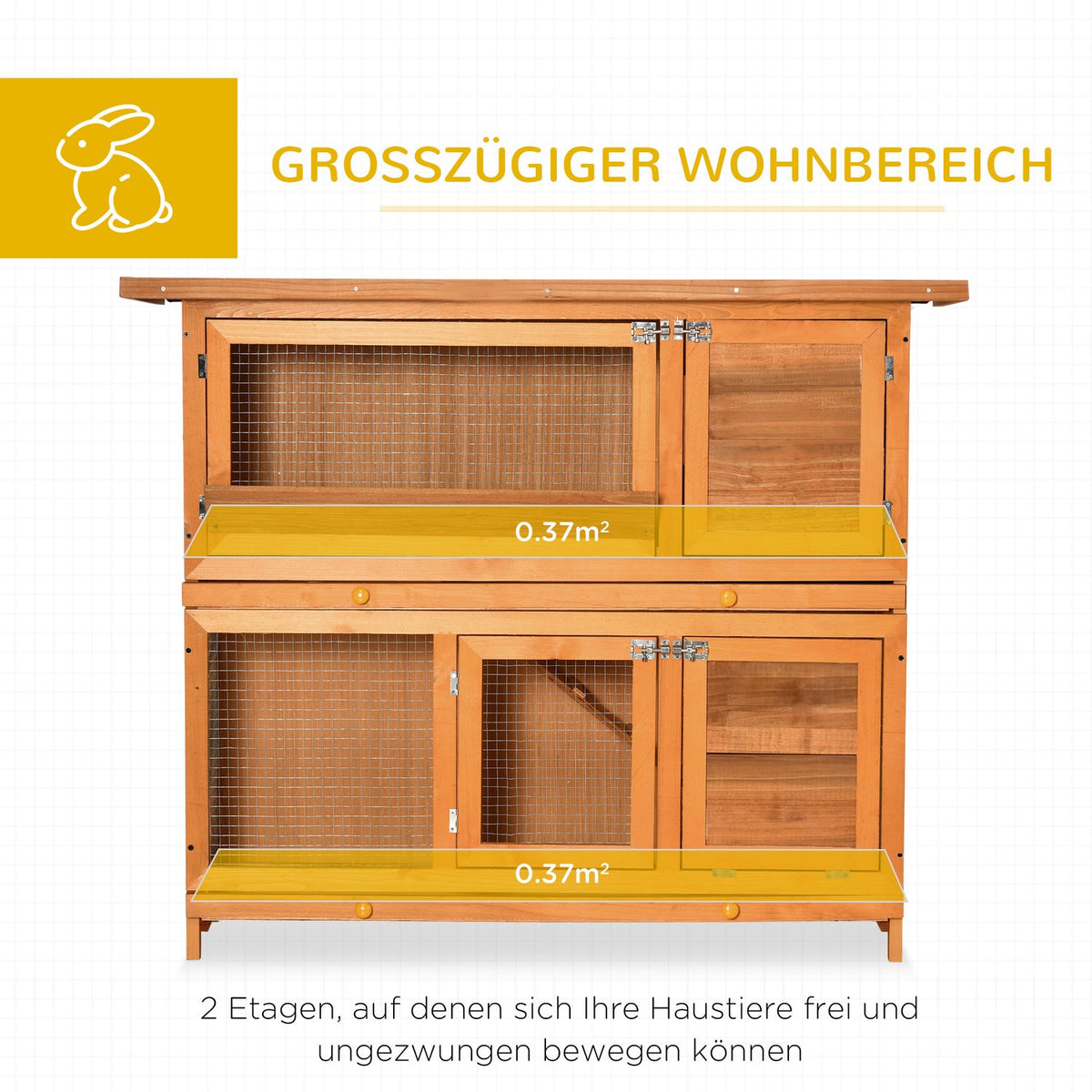 Small animal stable, small animal cage, small animal house with roof, guinea pig hutch, double deck, fir wood, yellow, 120 x 48 x 100 cm