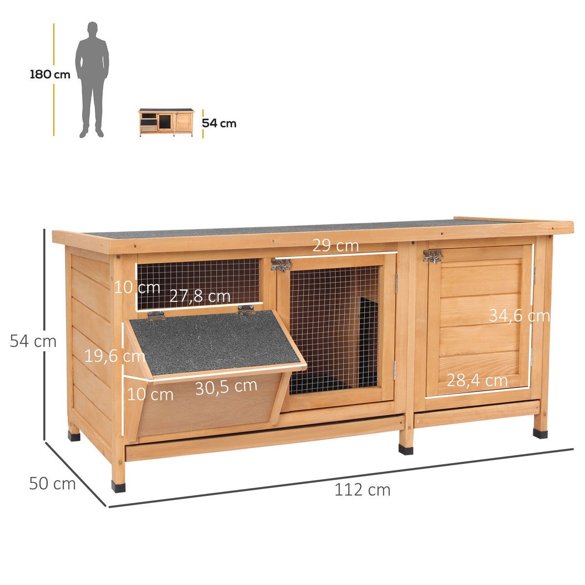 Small animal stable small animal house 112x50x54cm with floor tray, asphalt roof, feeding trough made of fir wood, natural & black