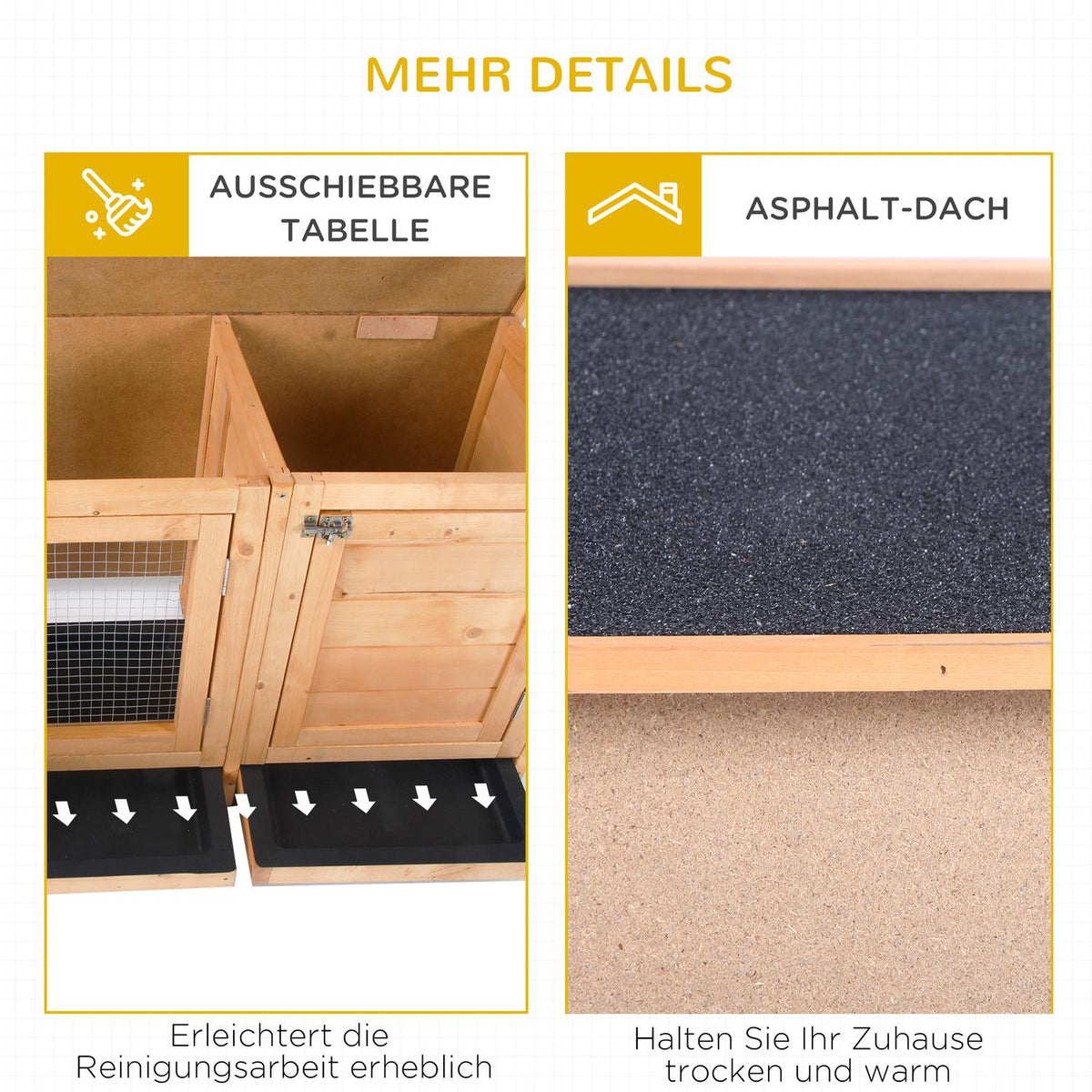 Small animal stable small animal house 112x50x54cm with floor tray, asphalt roof, feeding trough made of fir wood, natural & black