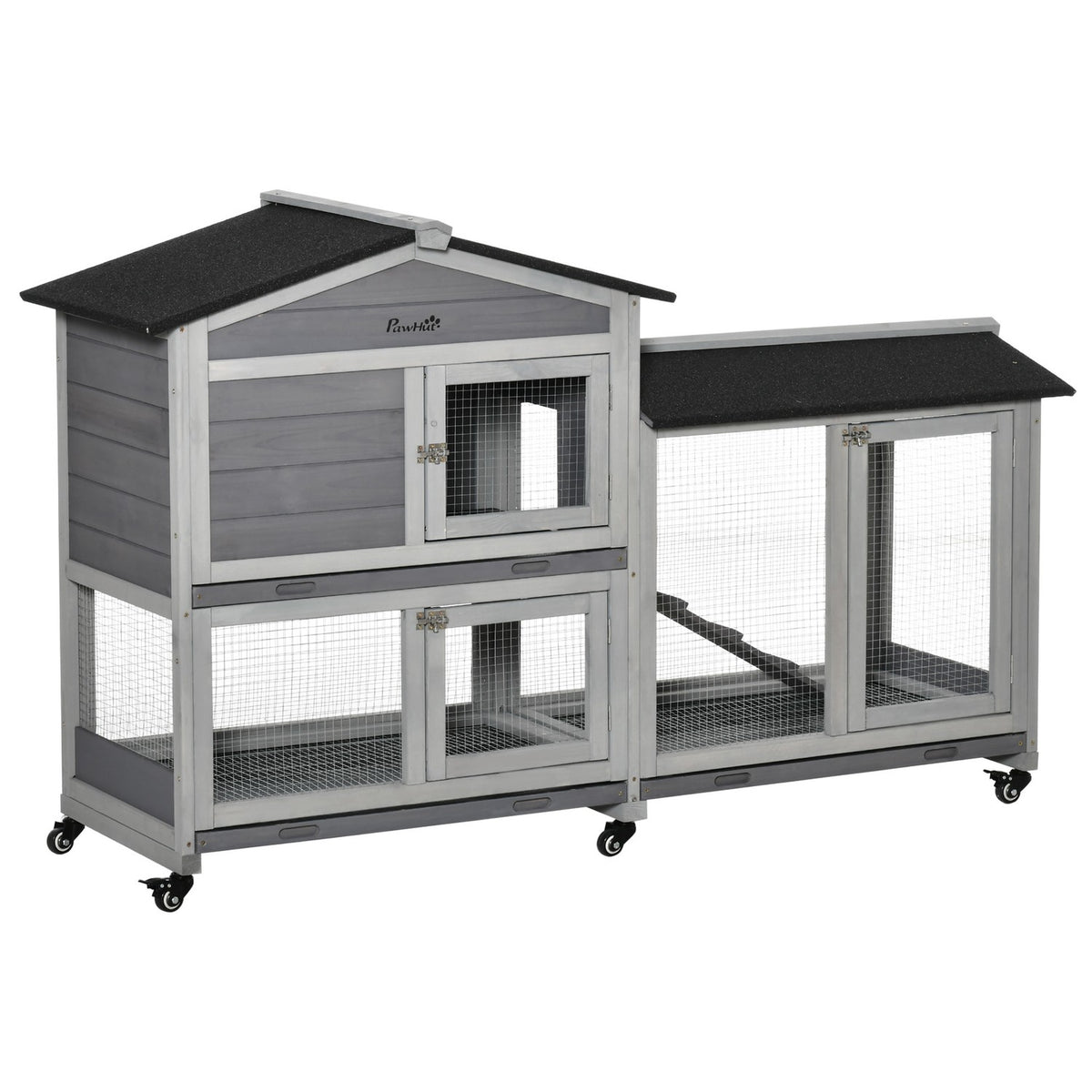 Small animal stable small animal house 157.4x53x99.5cm with wheels outdoor enclosure asphalt roof double-story fir wood steel gray