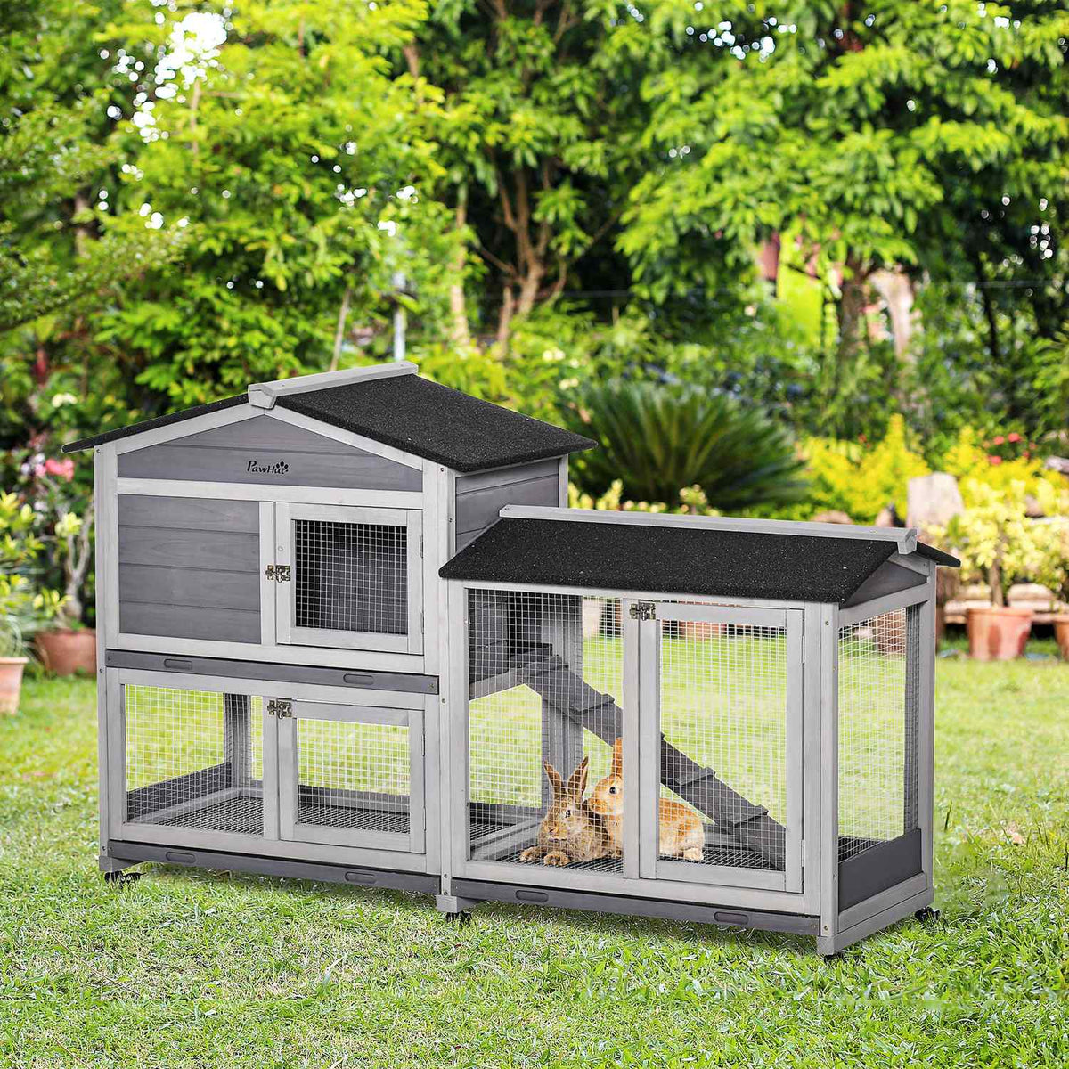 Small animal stable small animal house 157.4x53x99.5cm with wheels outdoor enclosure asphalt roof double-story fir wood steel gray