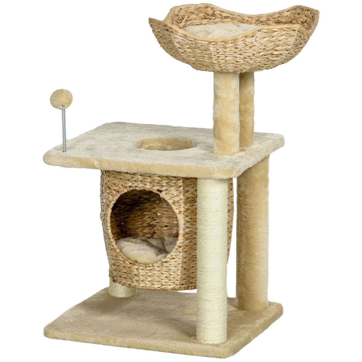 Small cat scratching post, 74 cm cat tree with cat cave, play ball, indoor climbing tower with bed, scratching furniture for cats up to 5 kg, beige
