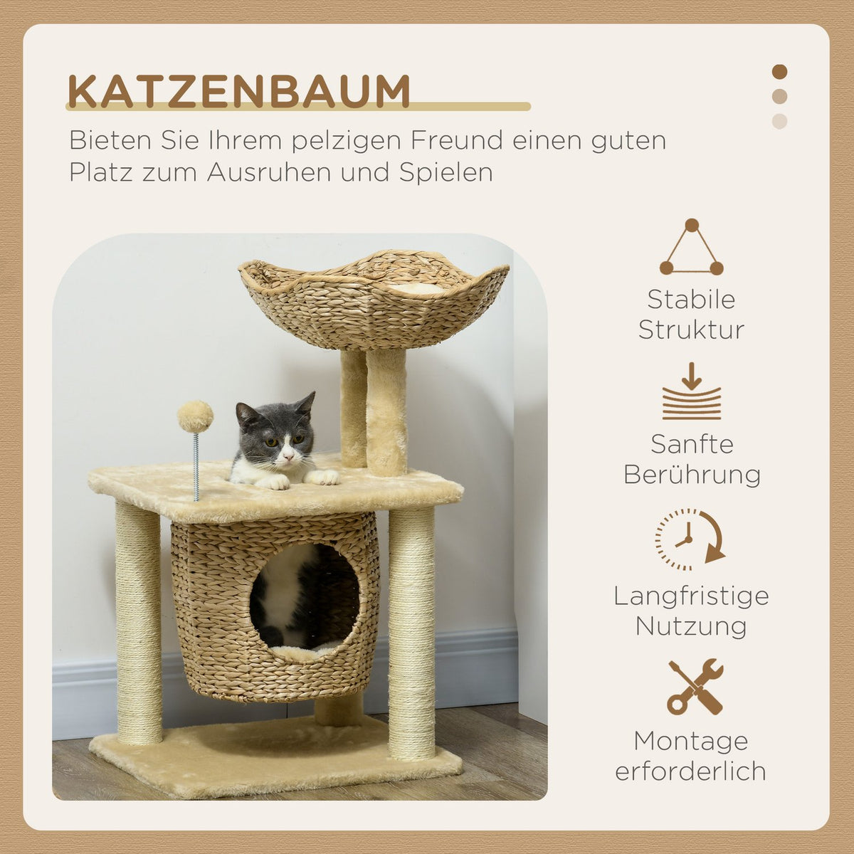 Small cat scratching post, 74 cm cat tree with cat cave, play ball, indoor climbing tower with bed, scratching furniture for cats up to 5 kg, beige
