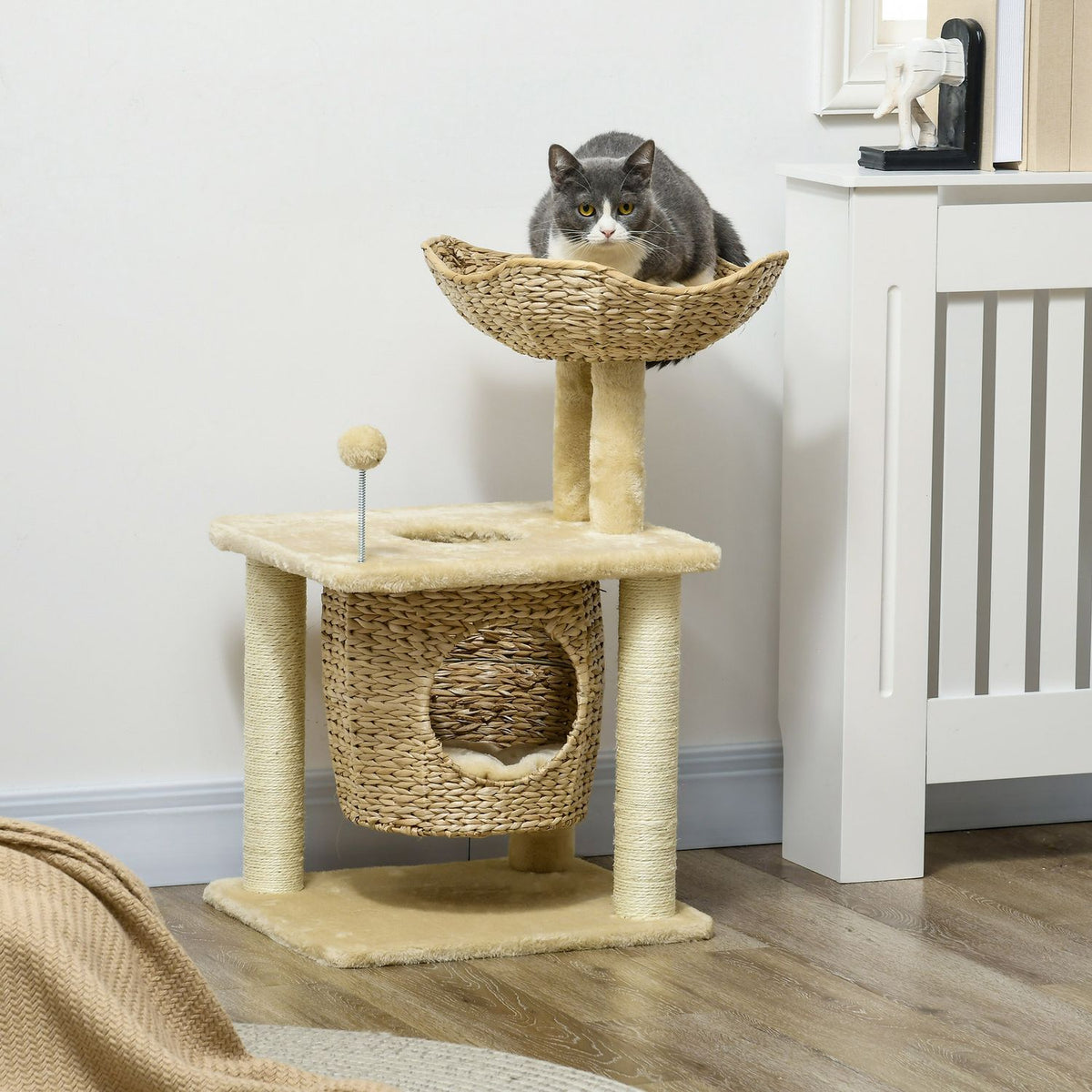 Small cat scratching post, 74 cm cat tree with cat cave, play ball, indoor climbing tower with bed, scratching furniture for cats up to 5 kg, beige