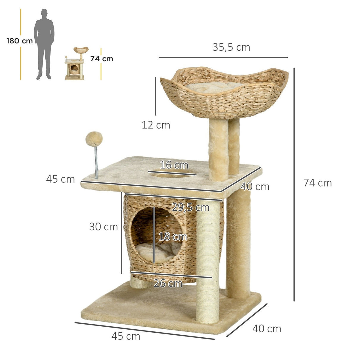Small cat scratching post, 74 cm cat tree with cat cave, play ball, indoor climbing tower with bed, scratching furniture for cats up to 5 kg, beige
