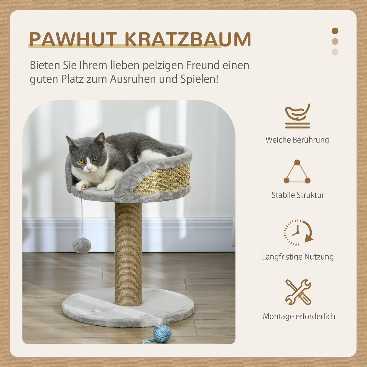Small scratching post, 49 cm cat tree, cat scratching post with play ball, lying area, climbing tree for cats up to 4 kg, cat furniture, jute gray