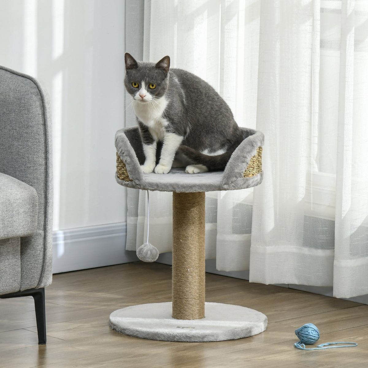 Small scratching post, 49 cm cat tree, cat scratching post with play ball, lying area, climbing tree for cats up to 4 kg, cat furniture, jute gray