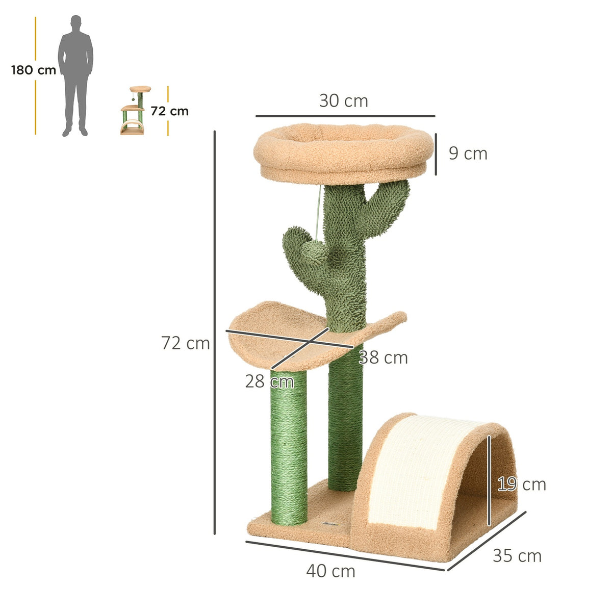 Small scratching post, cat scratching post, scratching post for cats under 4 kg with cat scratching board, scratching post, cat stimulus ball 40 x 35 x 72 cm brown