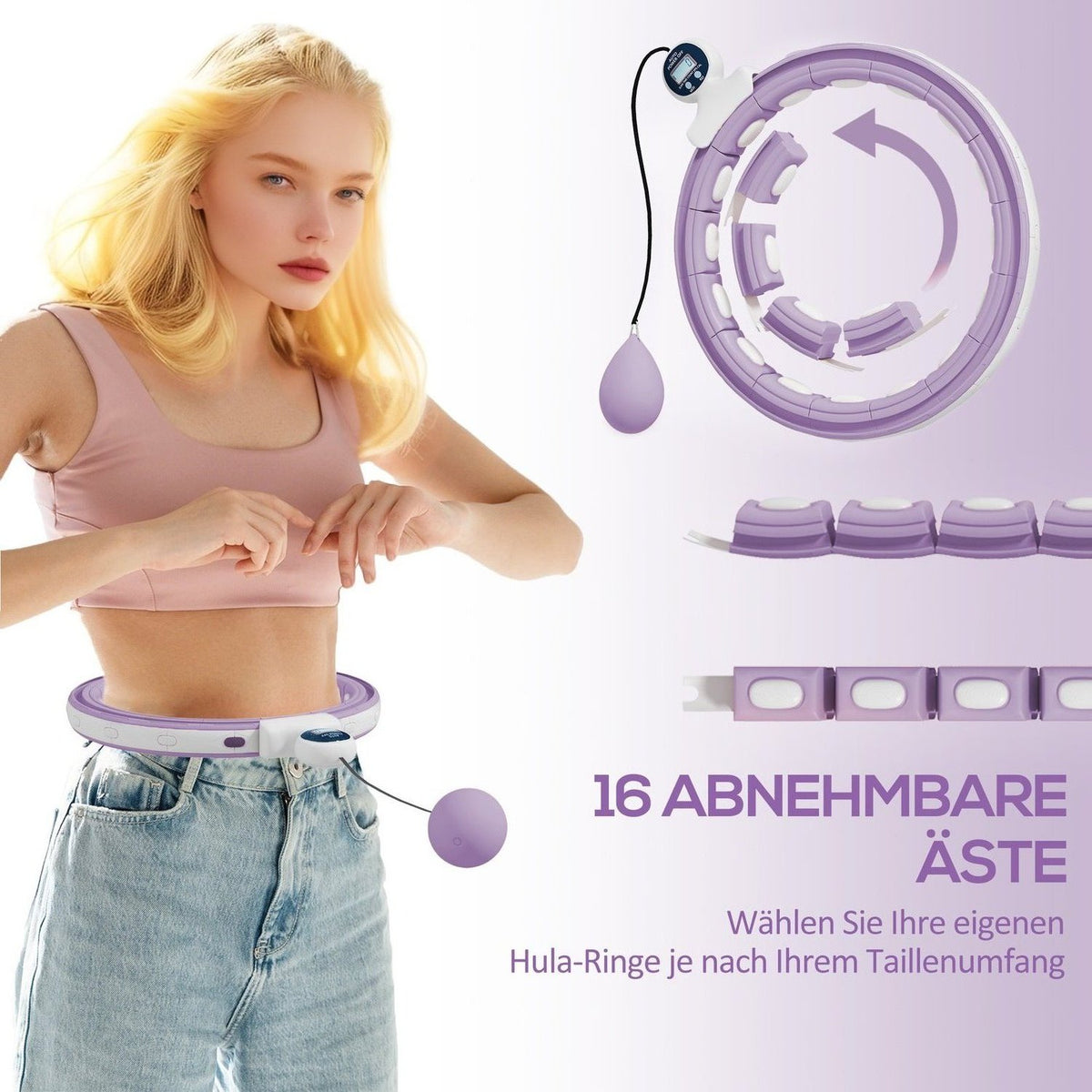 Smart Hula Hoop Adults with Weight Ball Counter 16 Knots (76-113cm) Adjustable Fitness Quiet Slimming Equipment Infinity Hula Hoop for Weight Loss, Fitness Purple |