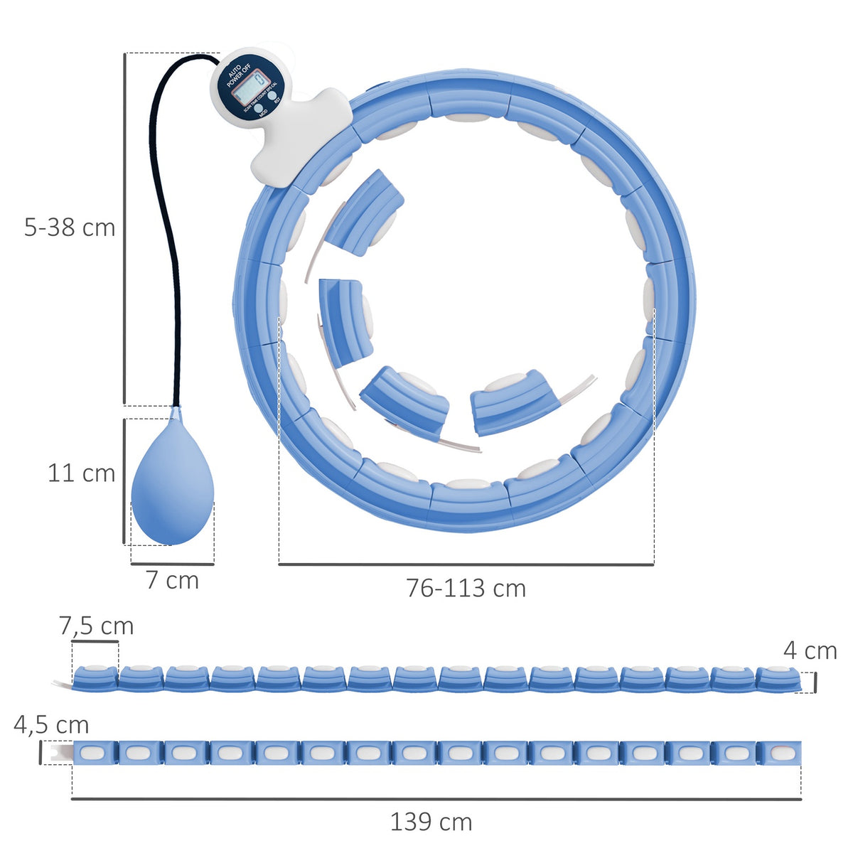 Smart Hula Hoop Adults with Weight Ball Counter 16 Knots (76-113cm) Light Blue