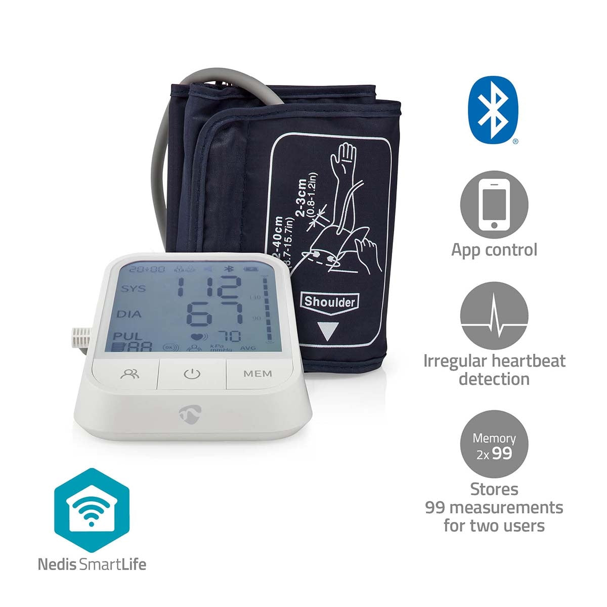 SmartLife Blood Pressure Monitor | Arm | Bluetooth | LCD Screen | 22 - 42 cm | Standstill Indication / Cuff On Detection / Irregular Heartbeat Detection | White