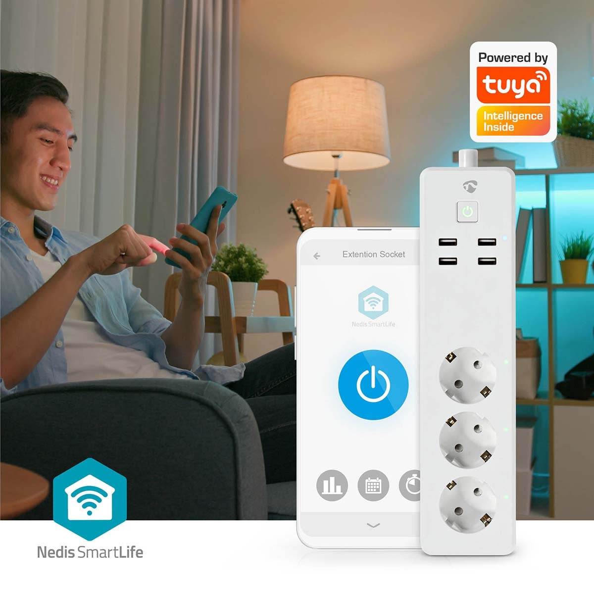 SmartLife Branch connector | Wi-Fi | 3x Grounded connector (CEE 7/3) / 4 x USB | 16 A| 3680 W | 1.80 m | -10 - 40 °C | Android™ / IOS | White