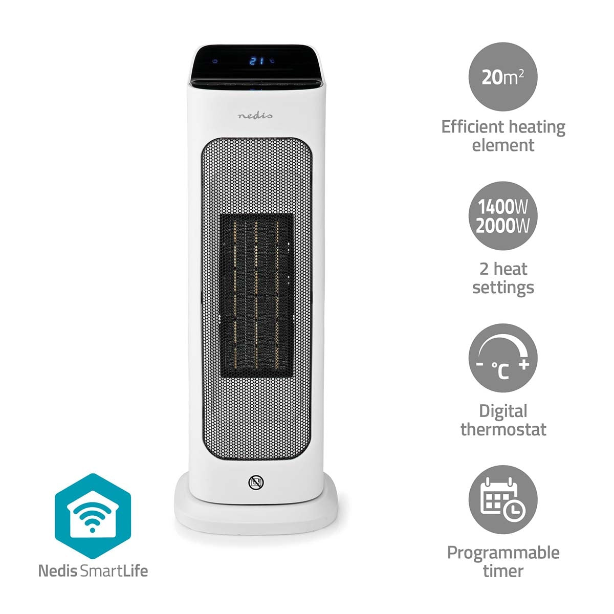SmartLife Ceramic PTC Fan Heater | Wi-Fi | 2000 W | 2 Heat settings | Oscillation | Display | 10 - 49 °C | Android™ / IOS | White