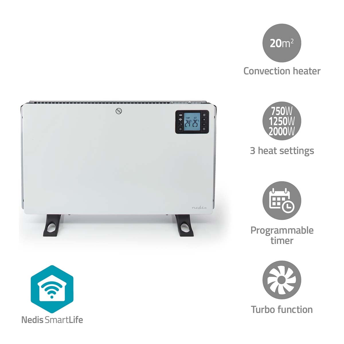 SmartLife Convection Heater | Wi-Fi | 2000 W | 3 Heat settings | LCD | 5 - 37 °C | Adjustable thermostat | White