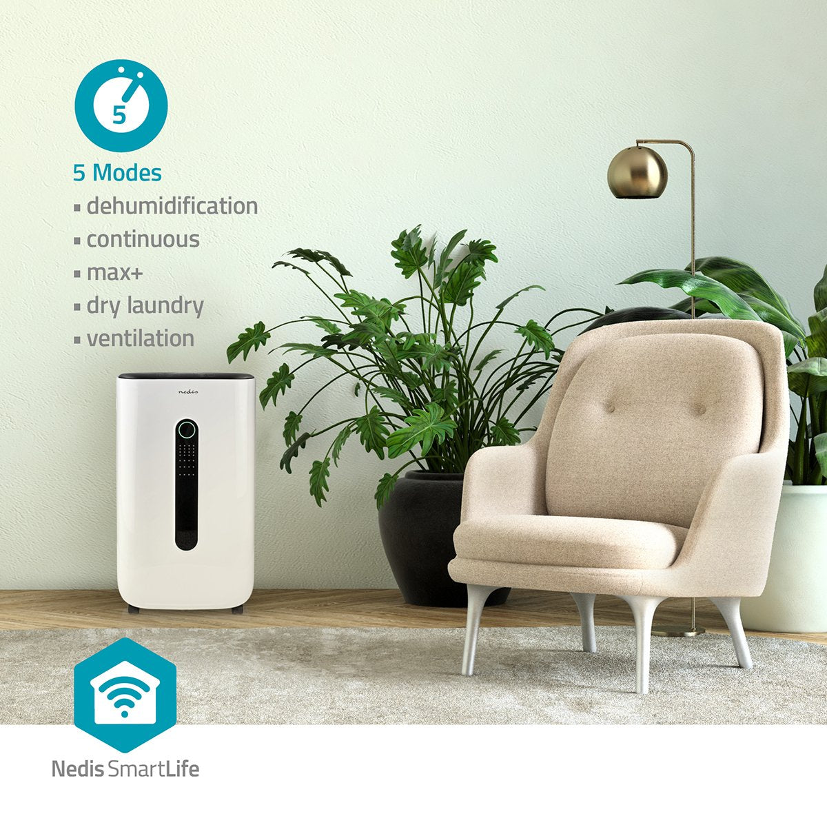 SmartLife Dehumidifier | Wi-Fi | 20 l/Day | Dehumidification / Continuous / Max+ / Dry laundry / Ventilation | Android™ / IOS | Adjustable hygrostat | 195 m³/h