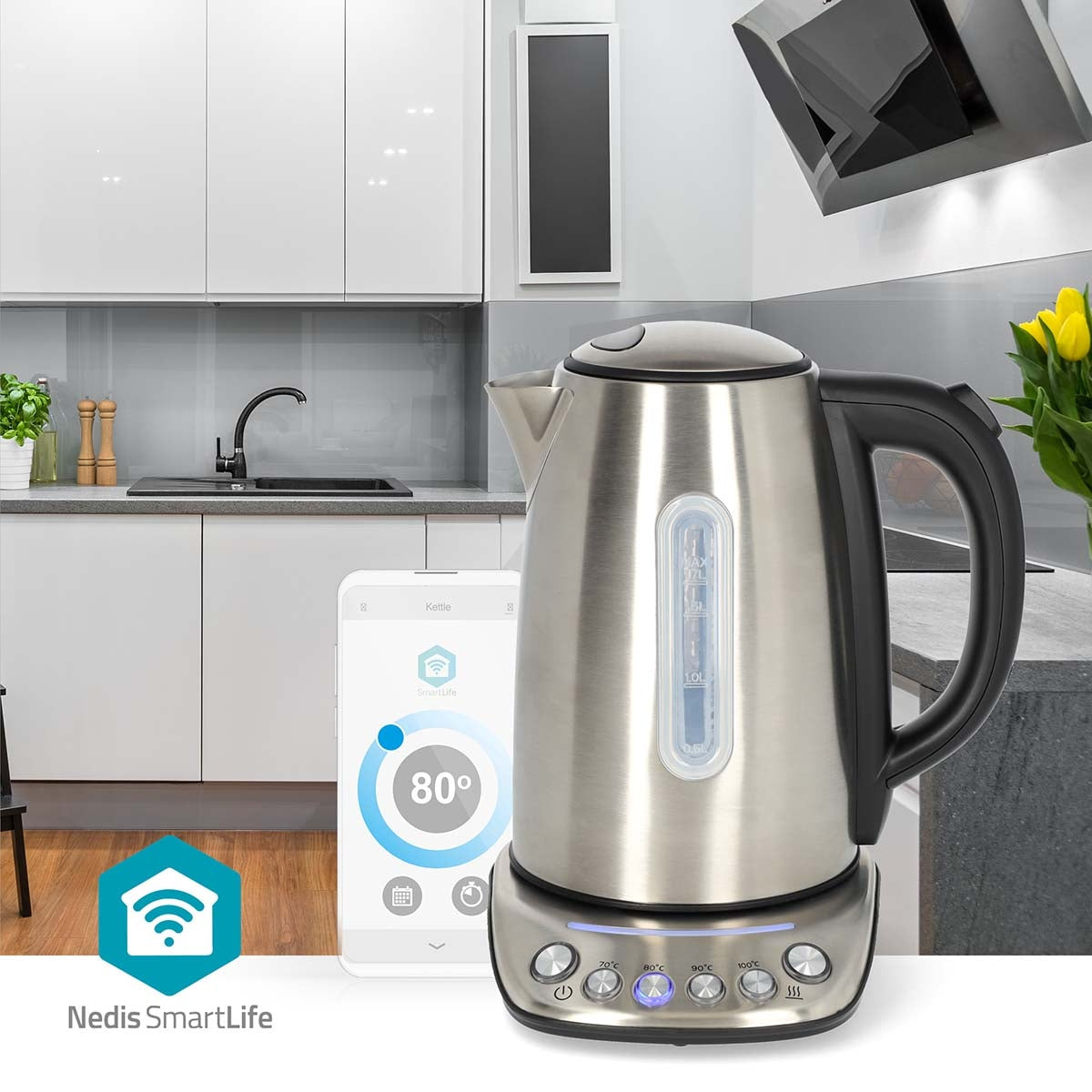 SmartLife Electric Kettle | Wi-Fi | 1.7 l | Stainless Steel | 70,80,90,100 °C | Temperature indicator | Rotatable 360 degrees | Concealed heating element | Strix® controller | Android™ / IOS