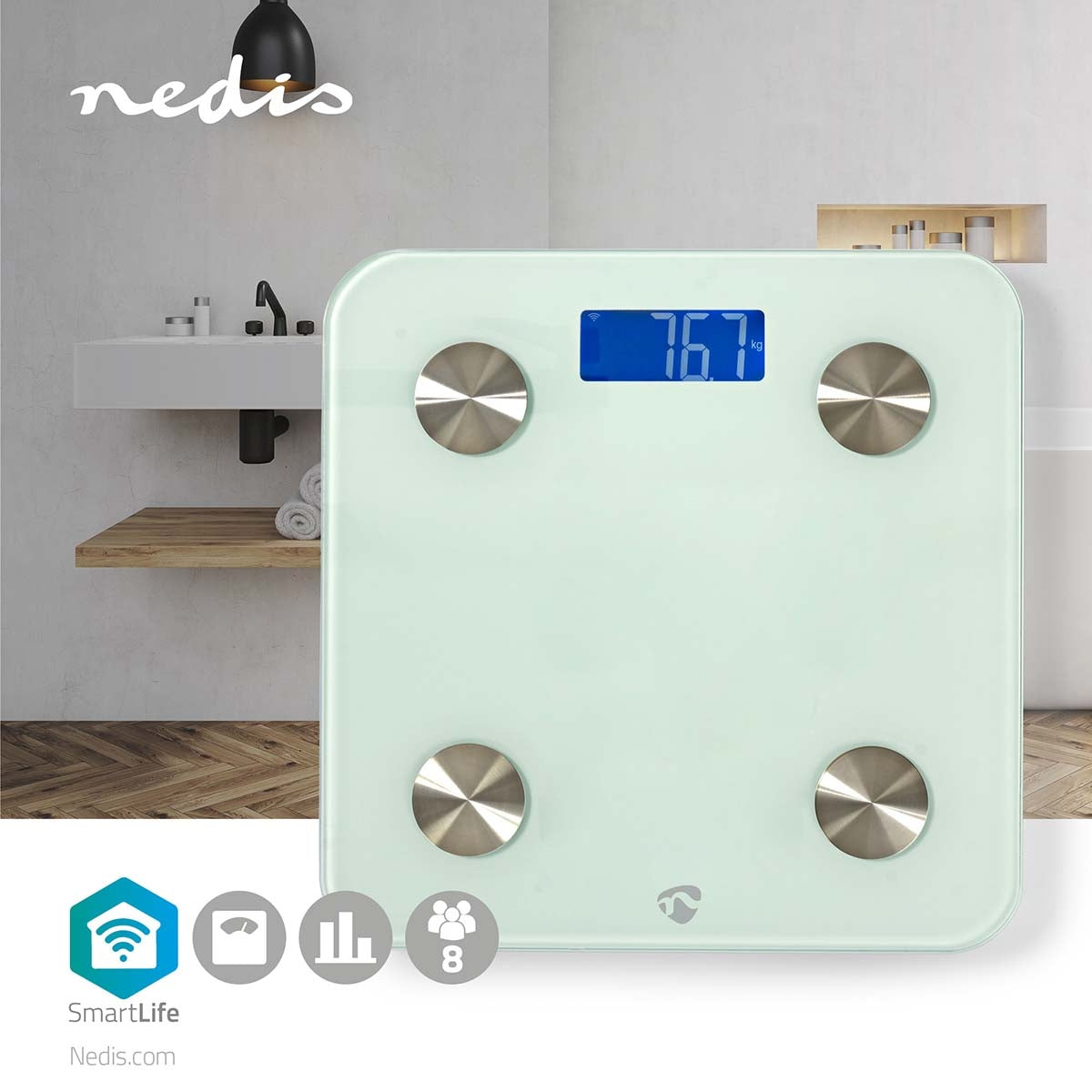 SmartLife Health Scales | Wi-Fi | Bone / BMR / Fat / Muscle / Water / Weight | 8 | Max load: 180 kg | Android™ / IOS | Glass | White