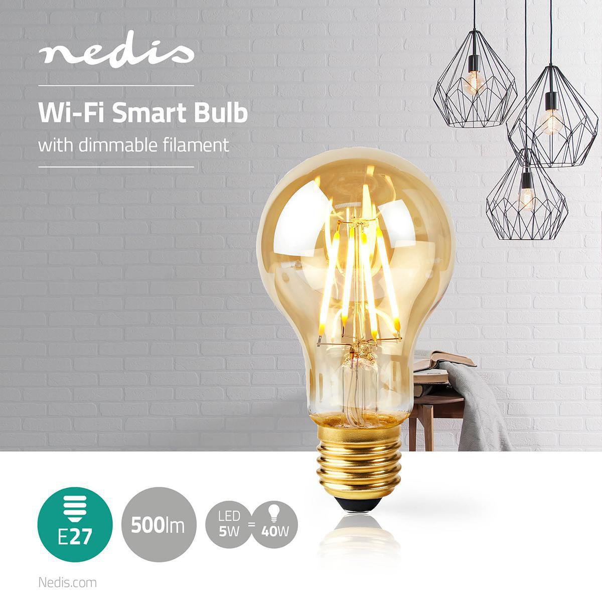 SmartLife LED Filament Bulb | Wi-Fi | E27 | 500 lm | 5 W | Warm White | 2200 K | Glass | Android™ / IOS | A60 | 1 pcs