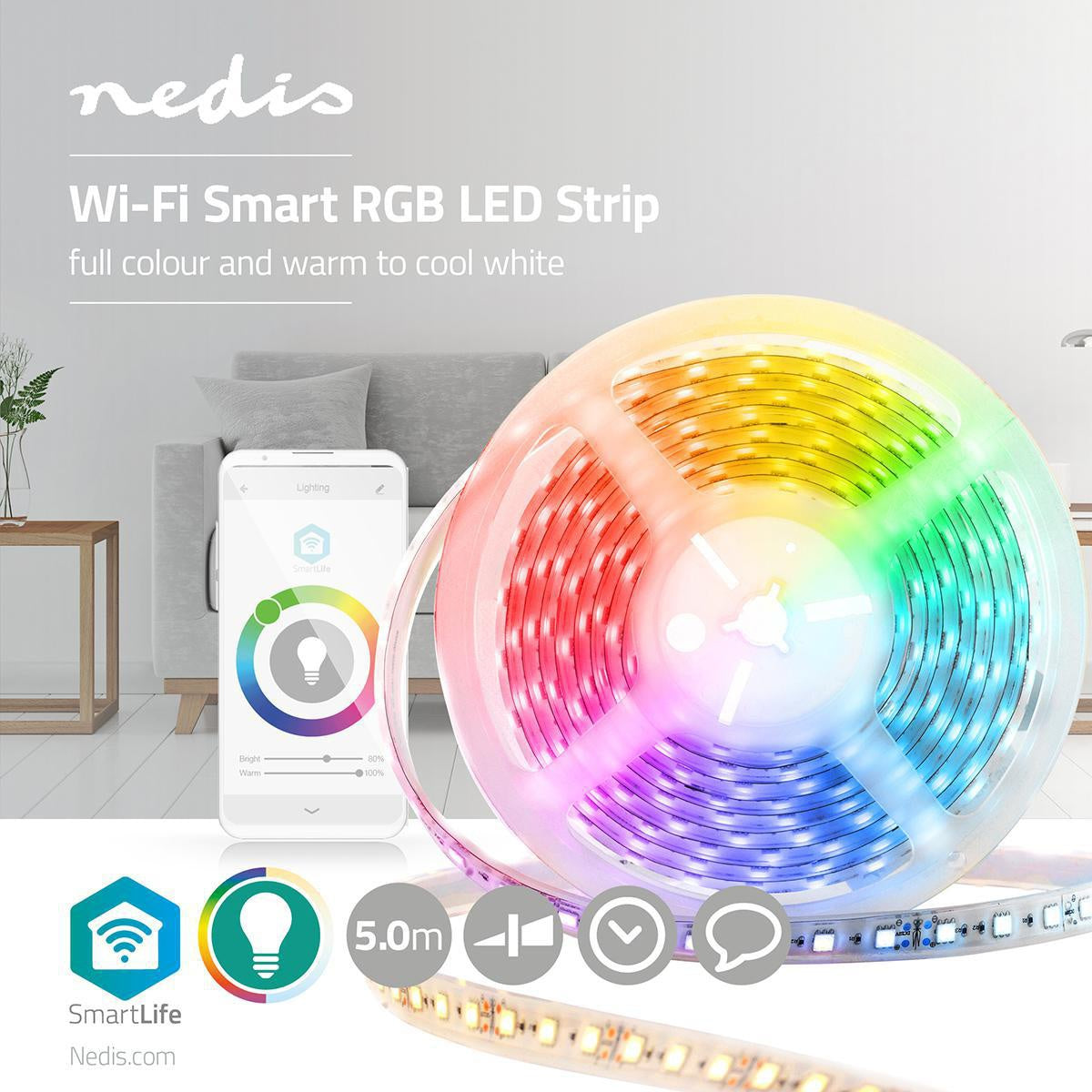 SmartLife LED Strip | Wi-Fi | Cool White / RGB / Warm White | SMD | 5.00 m | IP44 | 2700 - 6500 K | 960 lm | Android™ / IOS