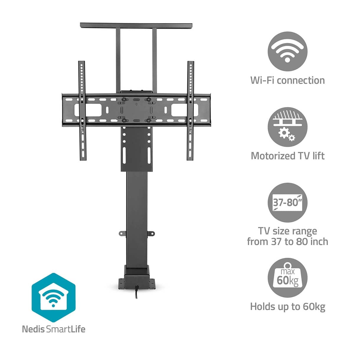 SmartLife Motorized TV Lift | 37 - 80 " | Maximum supported screen weight: 60 kg | Built-in Cabinet Design | Lift range: 68 - 158 cm | Remote controlled | ABS / Steel | Black