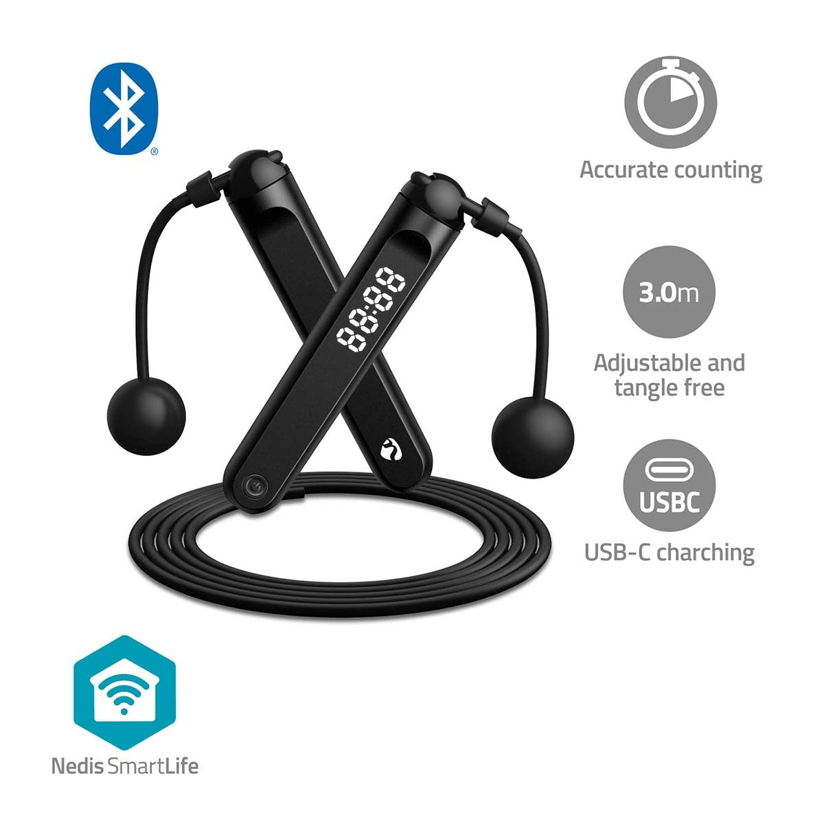 SmartLife Outdoor Sports | Skipping rope | Bluetooth | Dual Hall sensor | LED Display | PVC | 3.00 m | Drawstring / Cordless Balls | Black