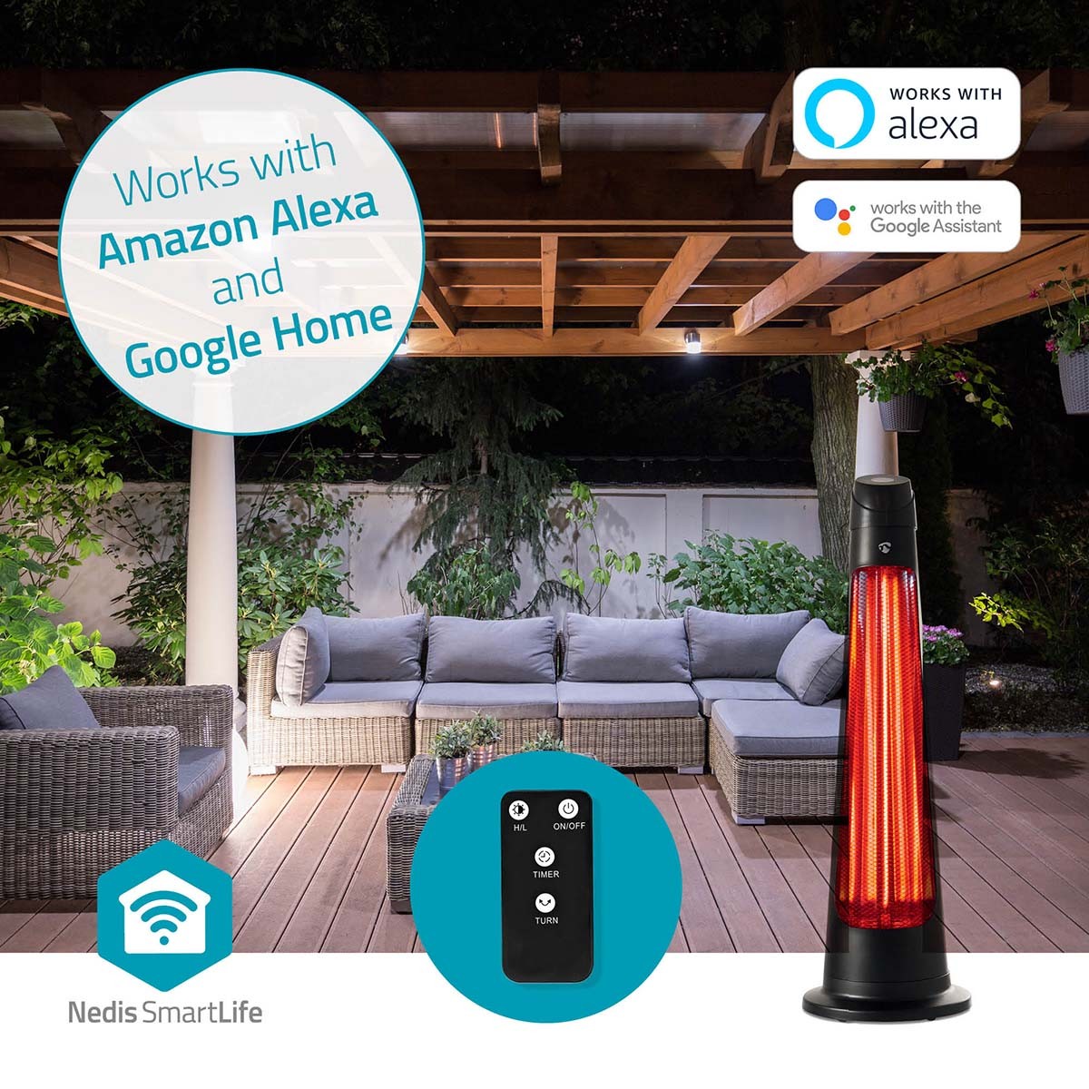 SmartLife Patio Heater | Wi-Fi | 1200 W | 2 Heat Settings | Oscillation | Fall over protection | IP24 | Black