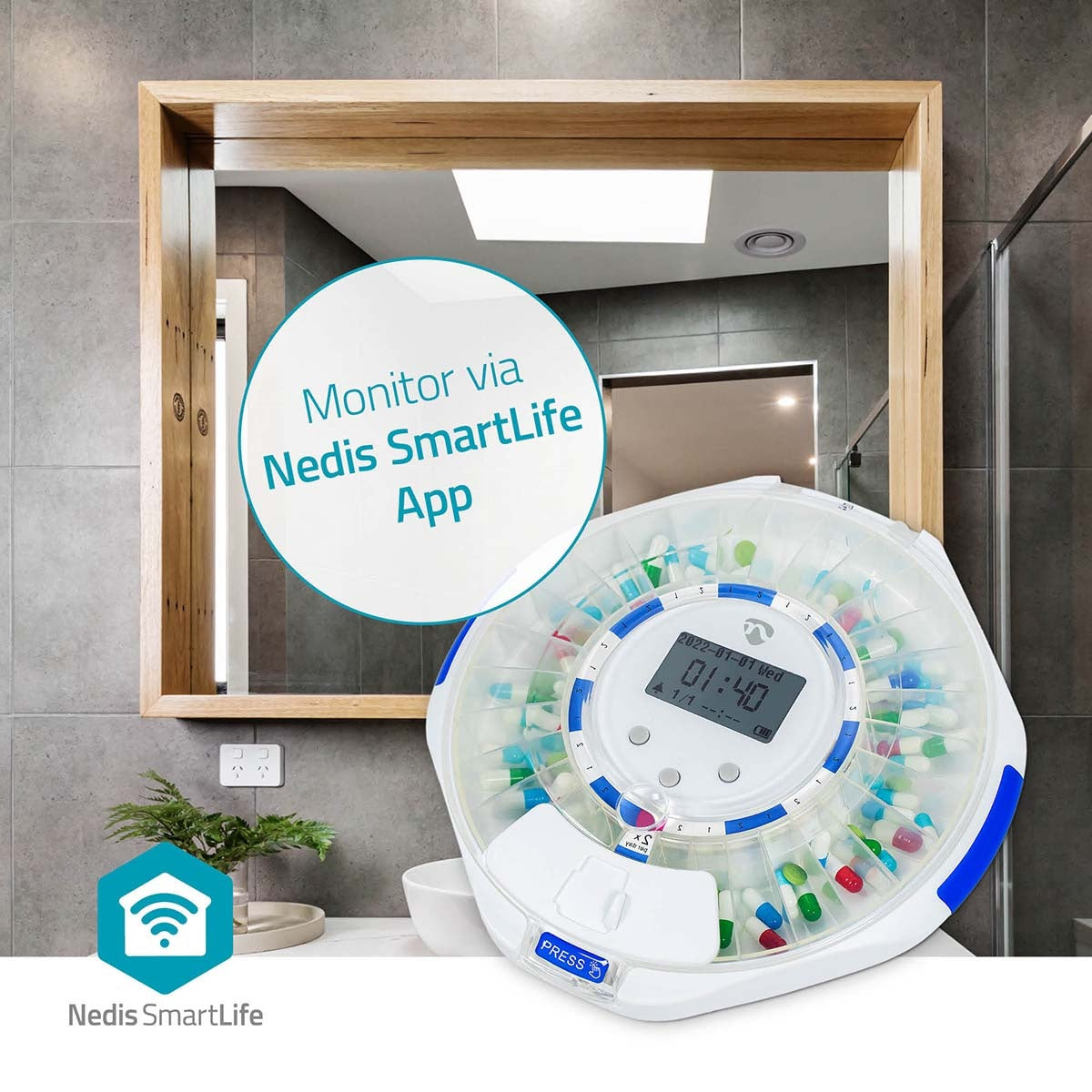 SmartLife Pill Dispenser | Wi-Fi | 28 Compartments | Number of alarmtimes: 9 Alarm Times Per Day | Beep / Light / Voice | LCD display | White