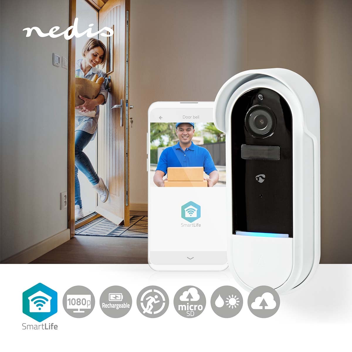 SmartLife Video Doorbell | Wi-Fi | Battery Powered / Transformer | Full HD 1080p | Cloud Storage (optional) / microSD (not included) | IP54 | With motion sensor | Night vision | White