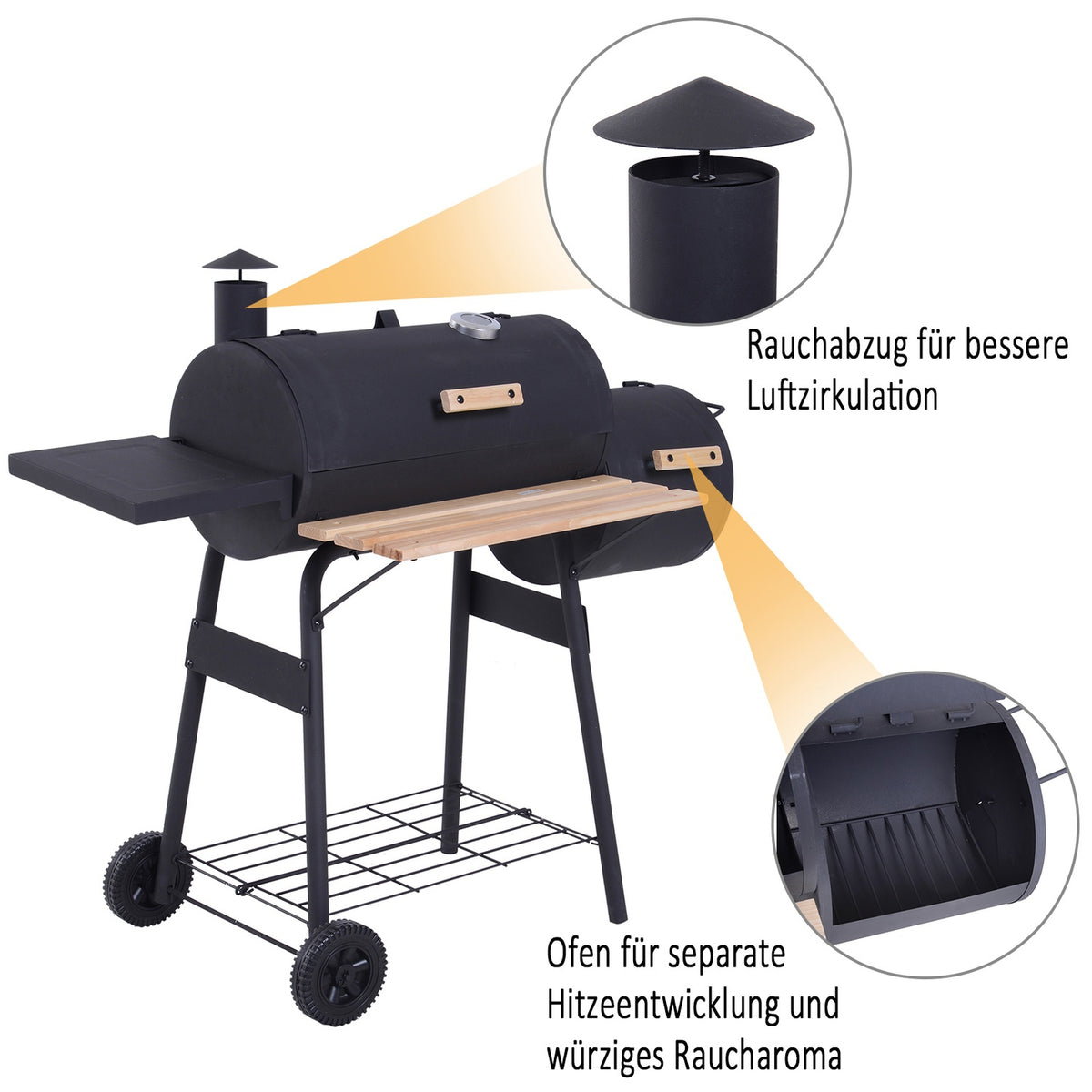 Smoker Grill Bbq Charcoal Grill Trolley With 2 X Combustion Chamber Chimney