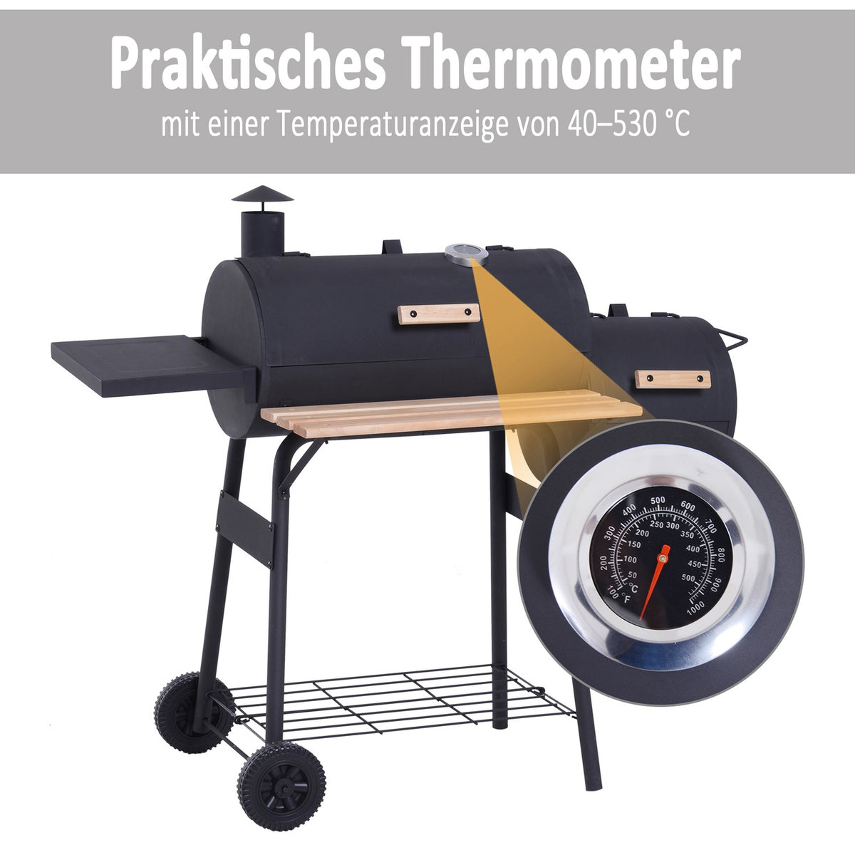 Smoker Grill Bbq Charcoal Grill Trolley With 2 X Combustion Chamber Chimney