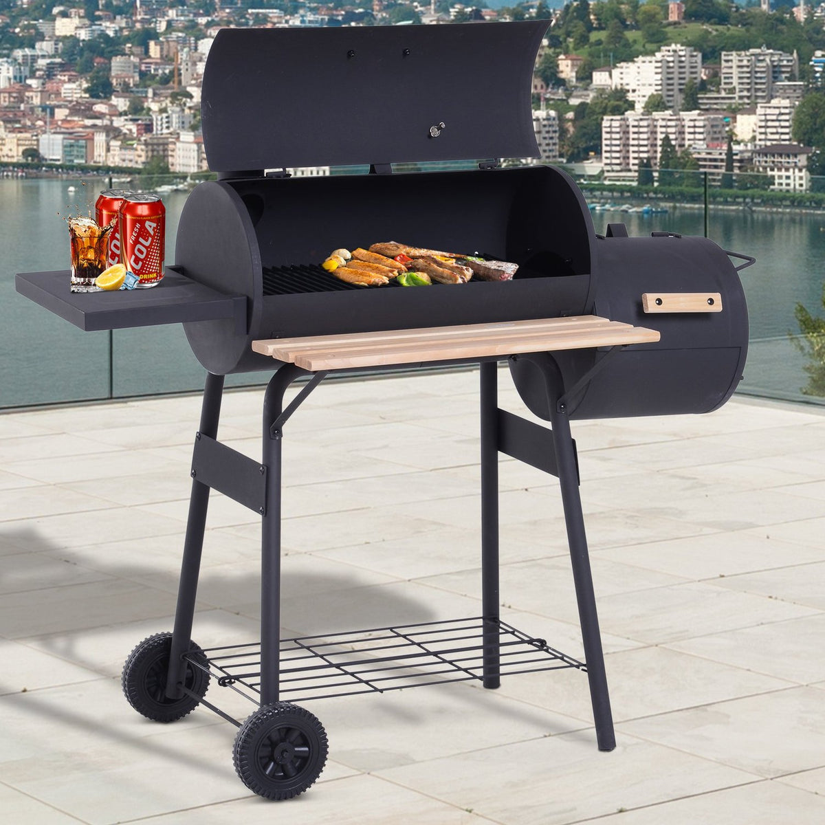 Smoker Grill Bbq Charcoal Grill Trolley With 2 X Combustion Chamber Chimney
