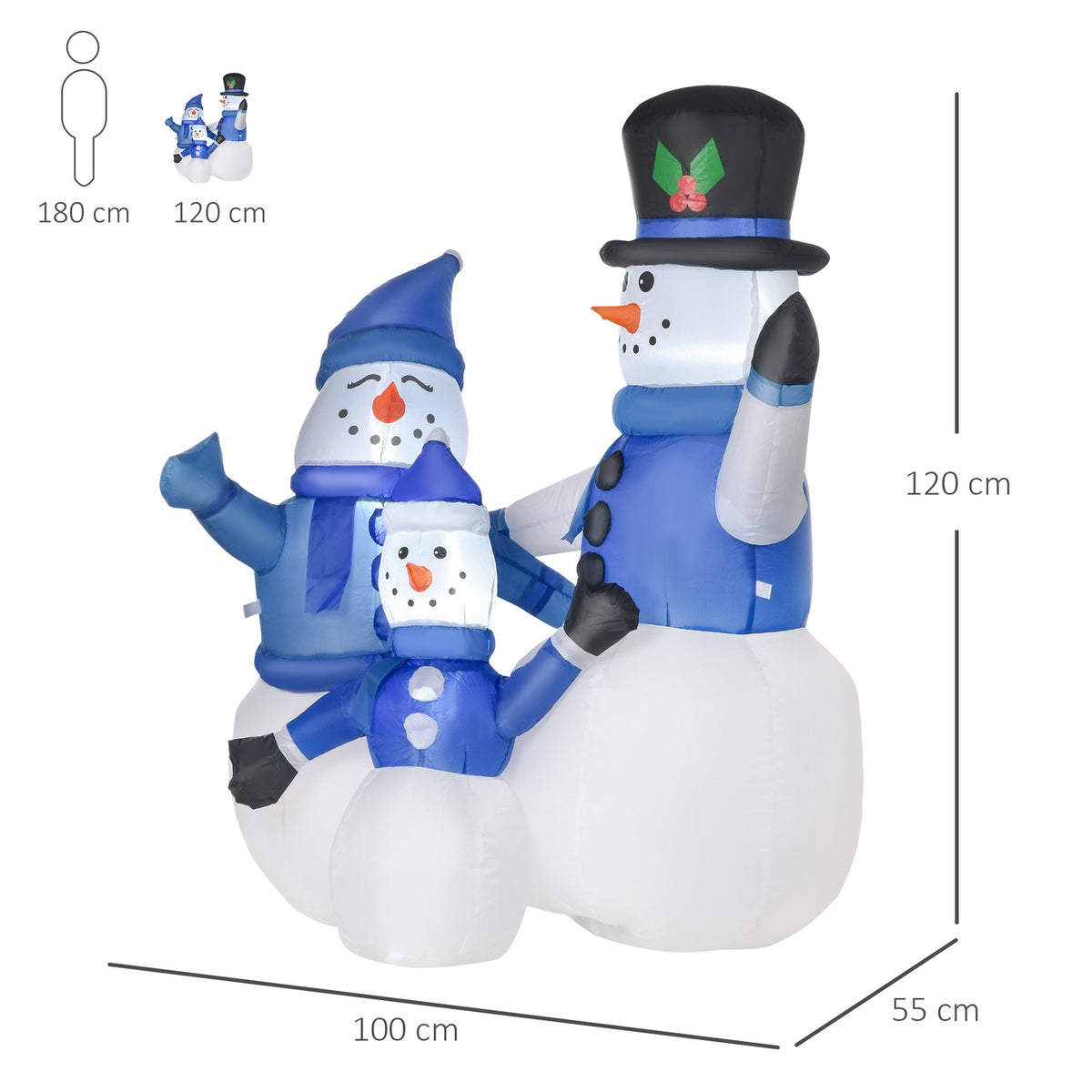 Snowman Family Self-Inflatable Decoration Led With Blower Blue L100 X W55 X H120 Cm