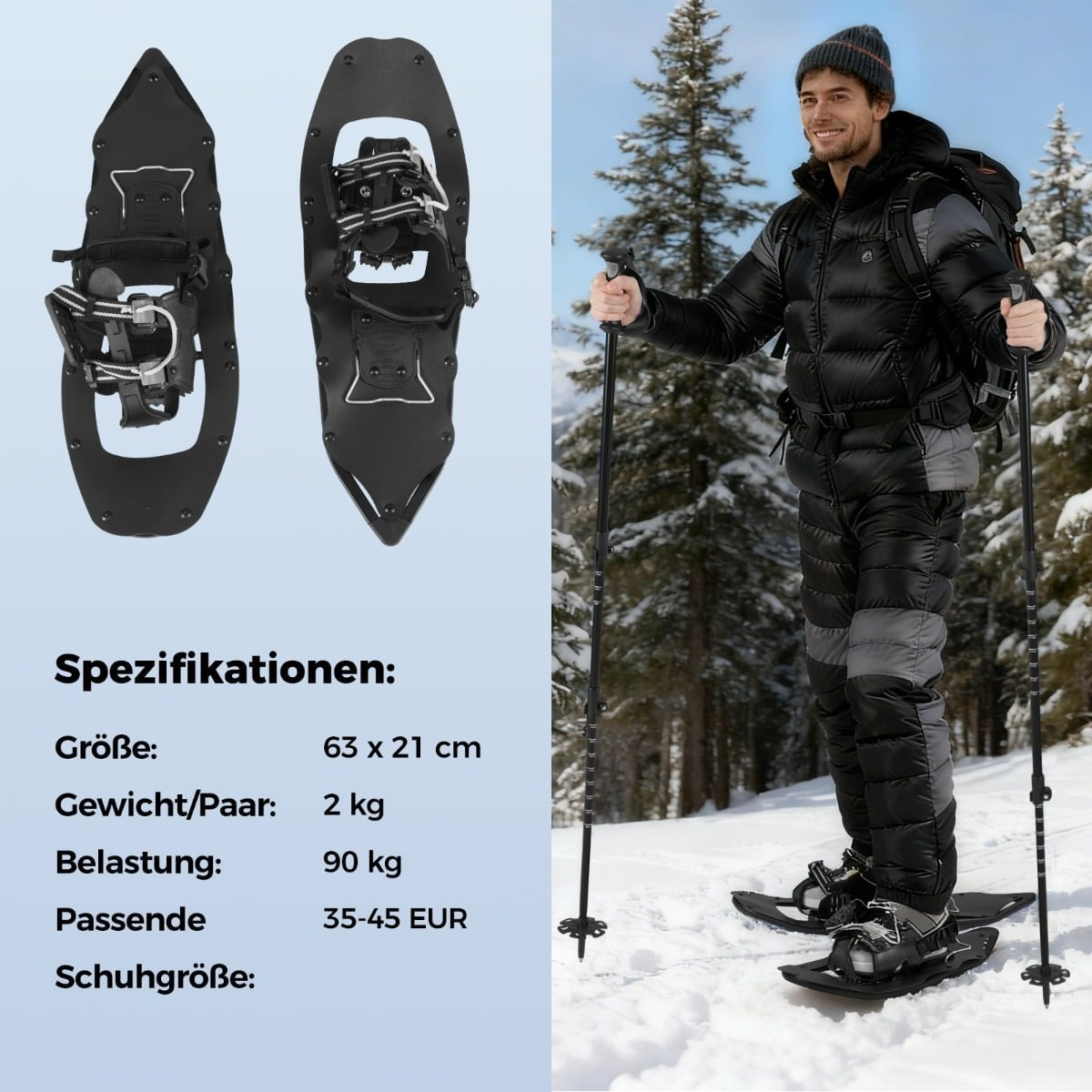 Snowshoes with Heel Lift, Trekking Poles & Bag, Size 35-45