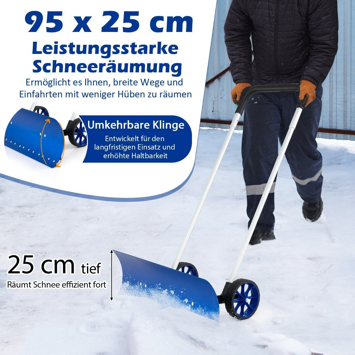 Snow shovel on wheels snow blade 95 cm height adjustable snow clearer aluminum