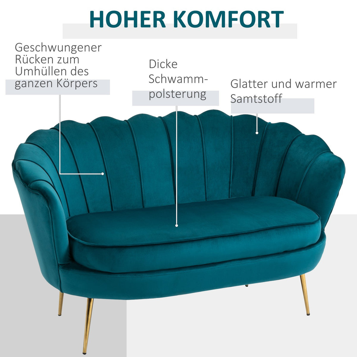 Sofa 2 Seater Couch with Armrests Thickly Padded Upholstered Sofa Modern Double Sofa with Velvet Look for Living Room Bedroom 130 x 77 x 77 cm Dark Green