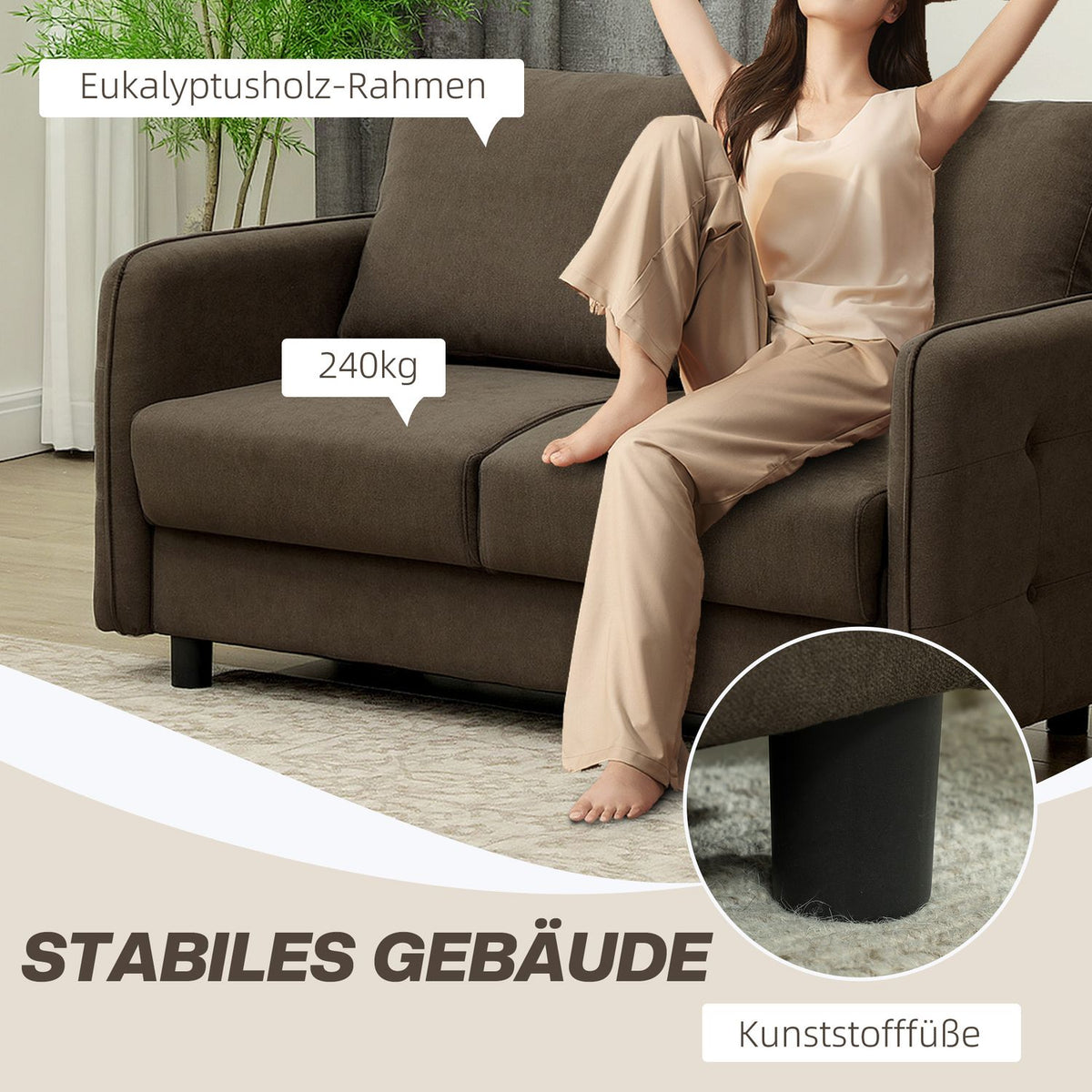 Sofa 2 seater modern couch with armrests, 2 throw pillows, upholstered sofa with storage space, S springs and elastic bands, small lounge sofa with velvet look for living room, 136 x 75 x 84 cm, brown