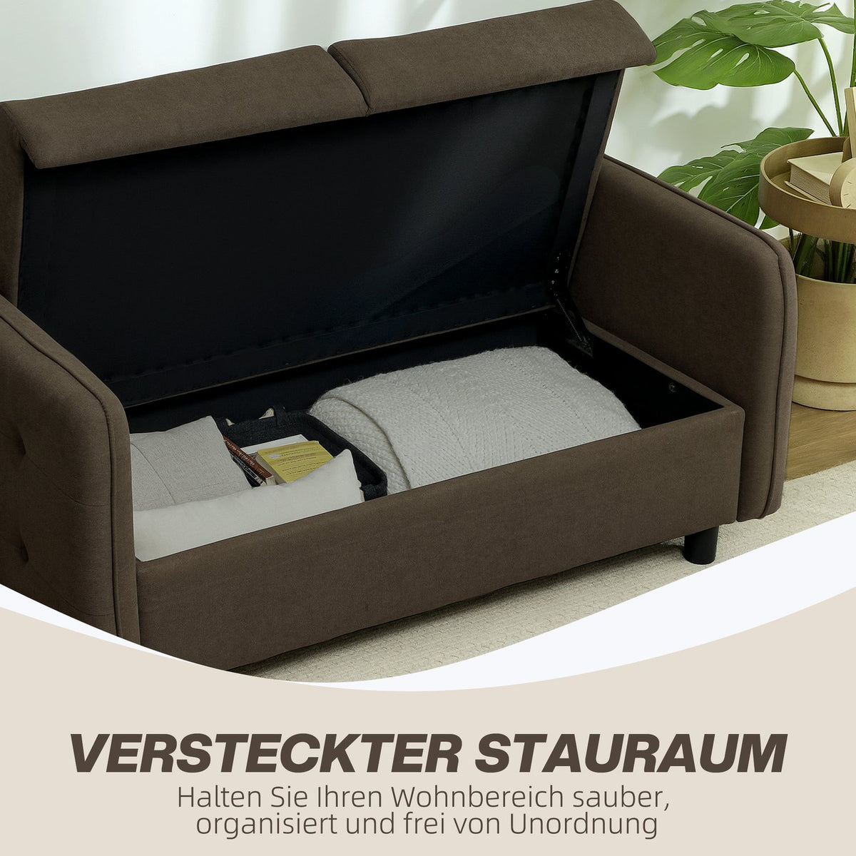 Sofa 2 seater modern couch with armrests, 2 throw pillows, upholstered sofa with storage space, S springs and elastic bands, small lounge sofa with velvet look for living room, 136 x 75 x 84 cm, brown