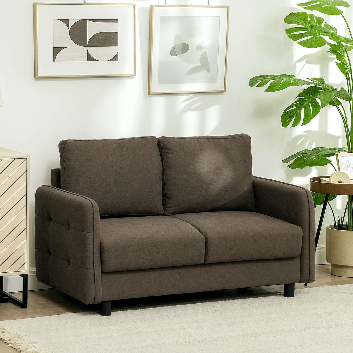 Sofa 2 seater modern couch with armrests, 2 throw pillows, upholstered sofa with storage space, S springs and elastic bands, small lounge sofa with velvet look for living room, 136 x 75 x 84 cm, brown
