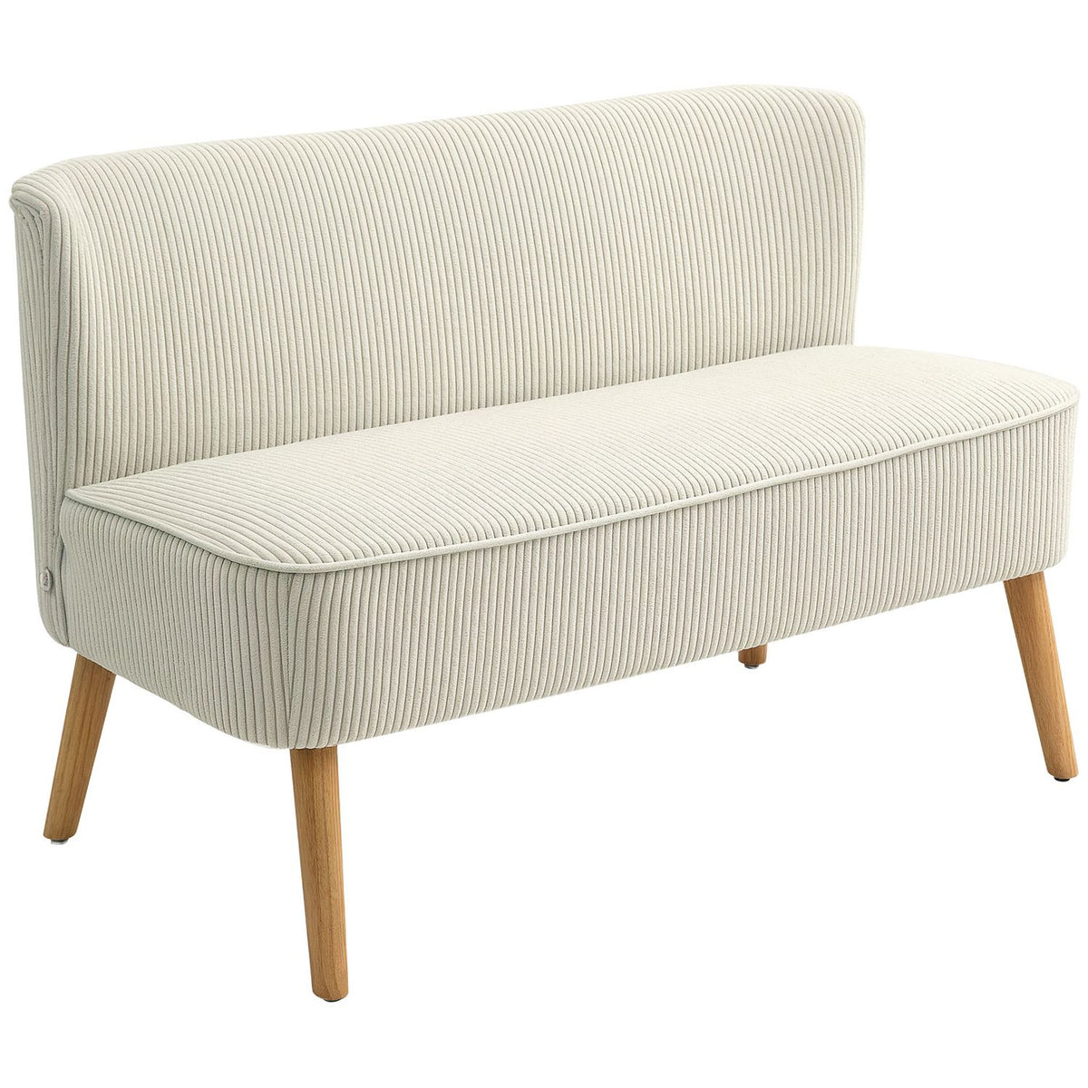 Sofa 2 seater modern couch without armrests, upholstered sofa with corduroy look, small lounge sofa with wooden legs for living room, 117 x 56.5 x 77 cm, cream white